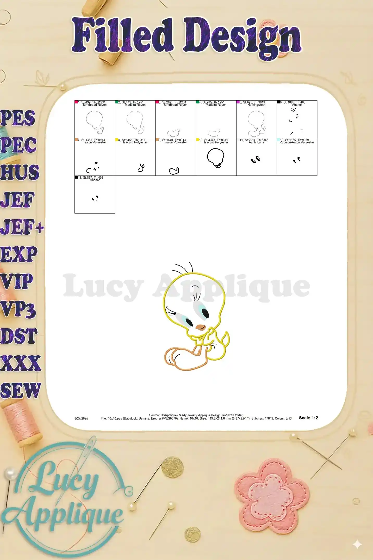 Filled design image of Tweety Bird applique, showing the completed design and its stitch details. Useful for understanding the final result.