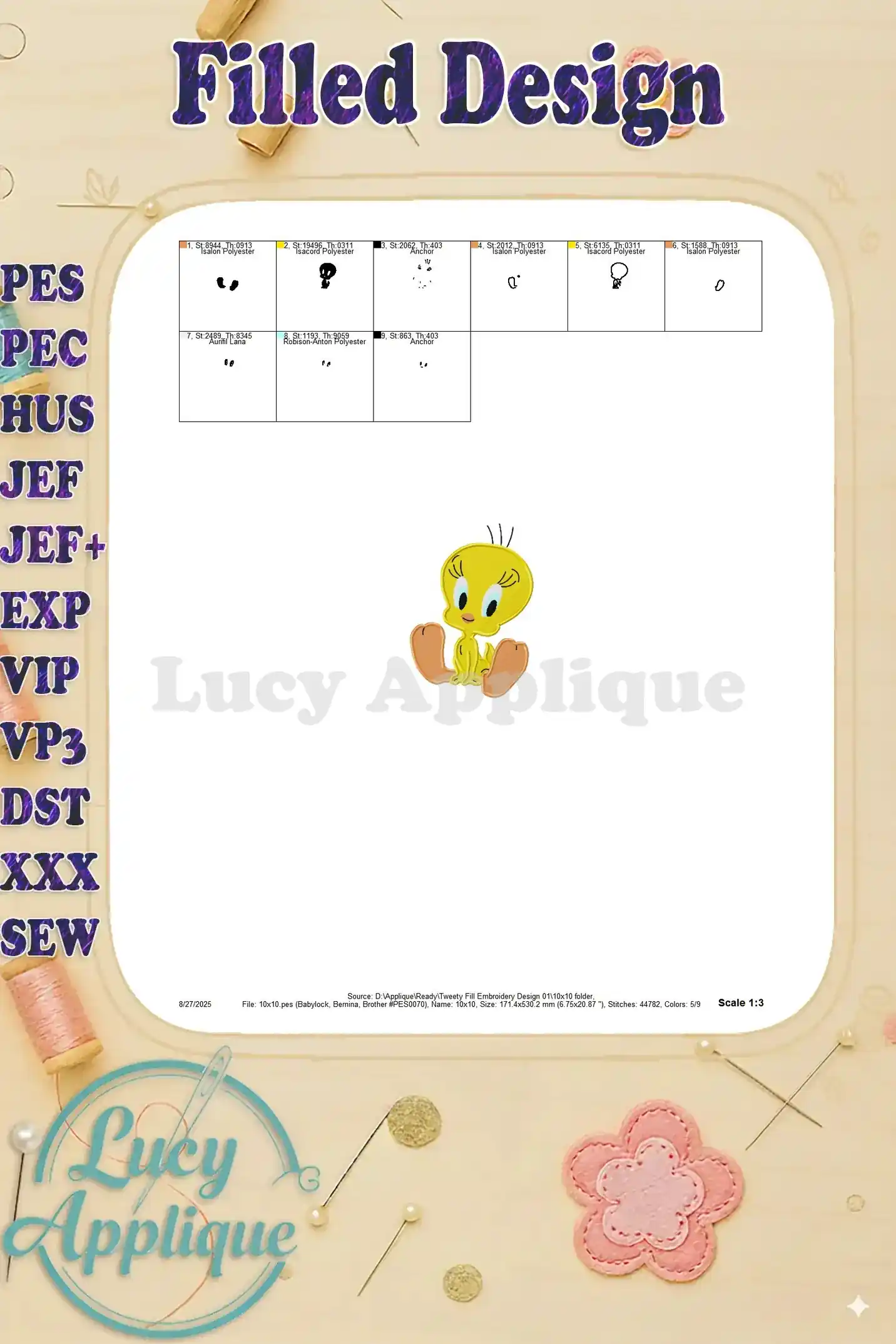 Detailed image showing the different elements and stitching details of the Tweety Bird embroidery design.