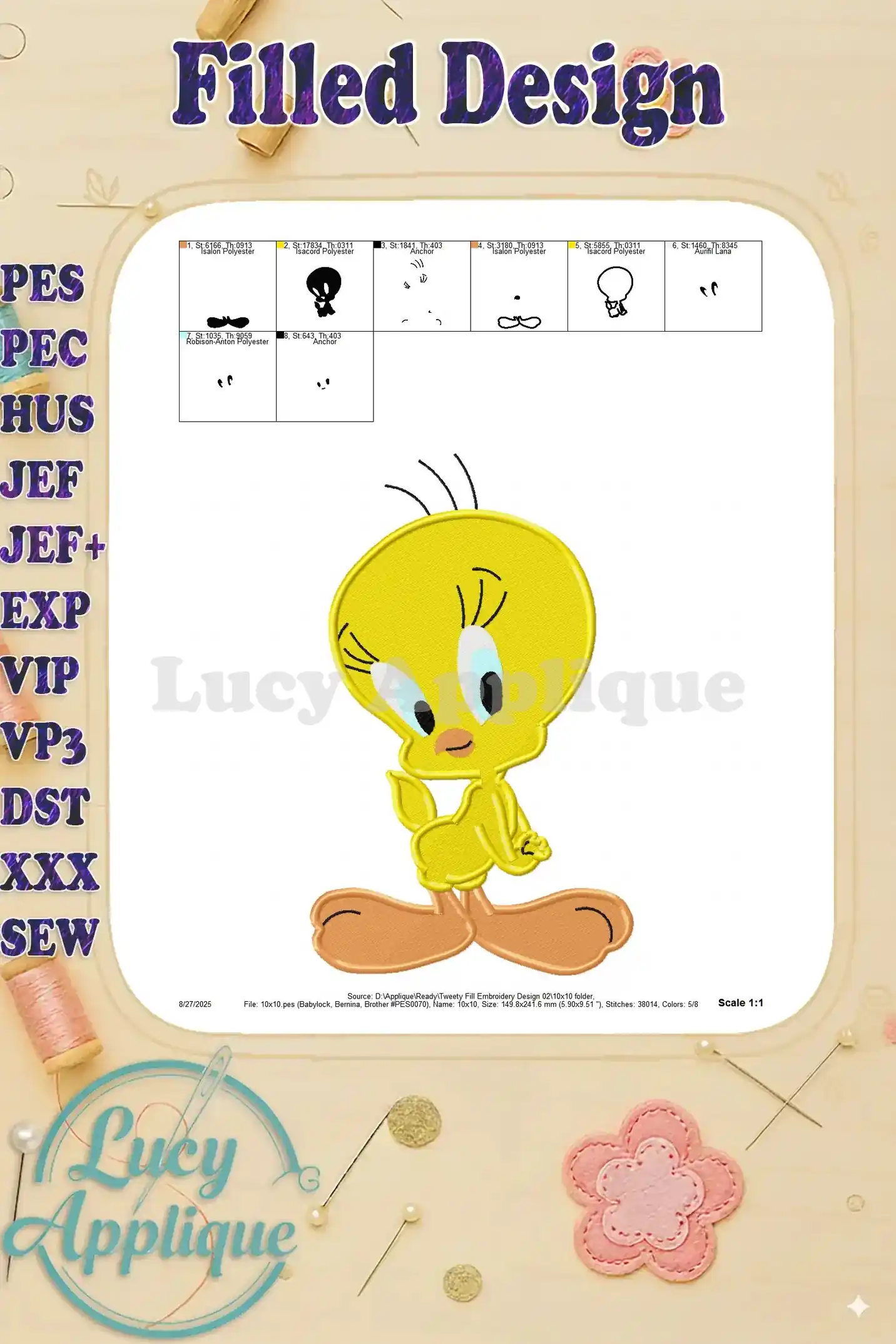 Detailed view of Tweety Bird embroidery design, showing individual stitches and color changes. The image provides a clear view of the final product.