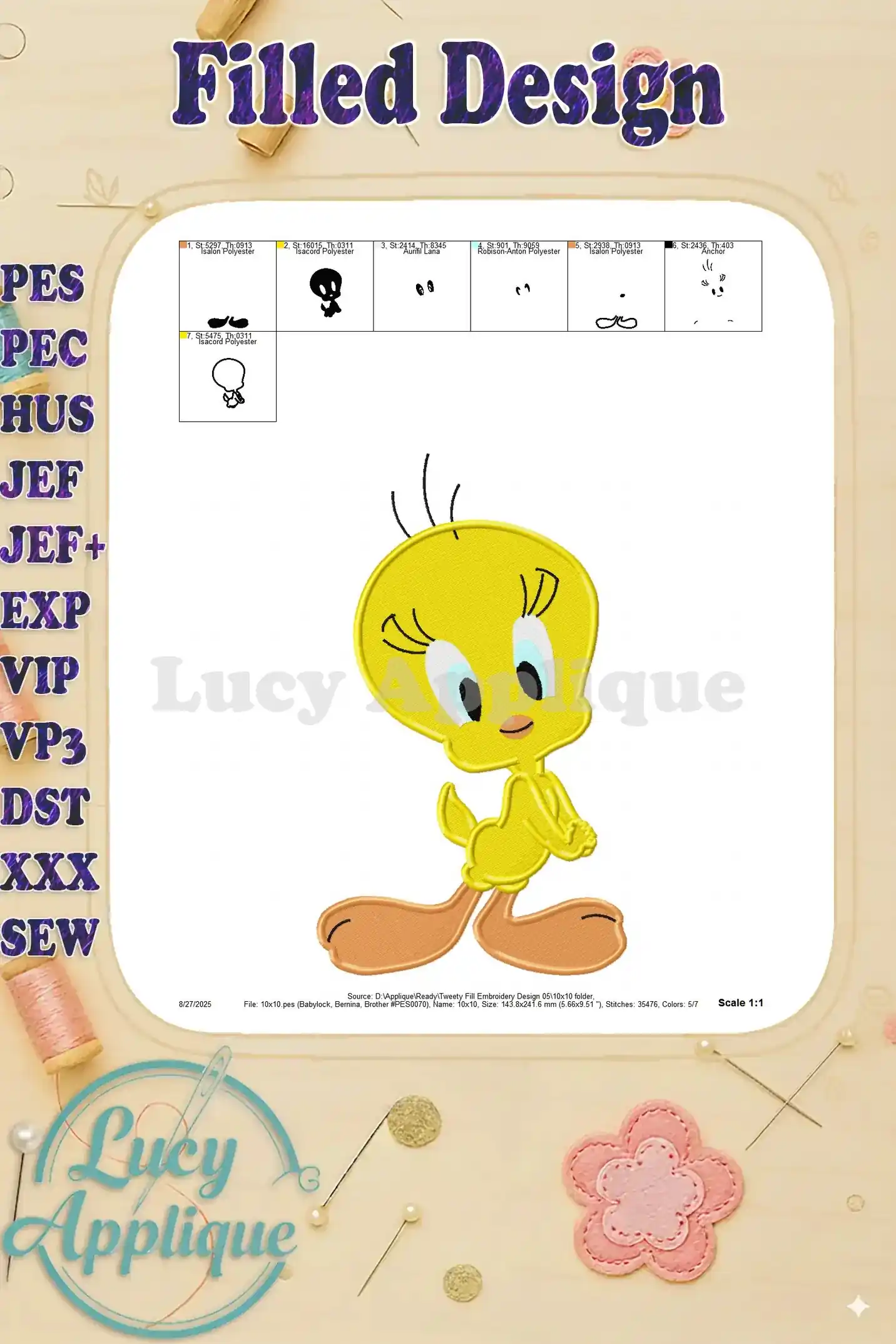 Tweety Bird embroidery design placement guide, showing various views of the design at 1:1 scale. Useful for accurate placement on fabric.
