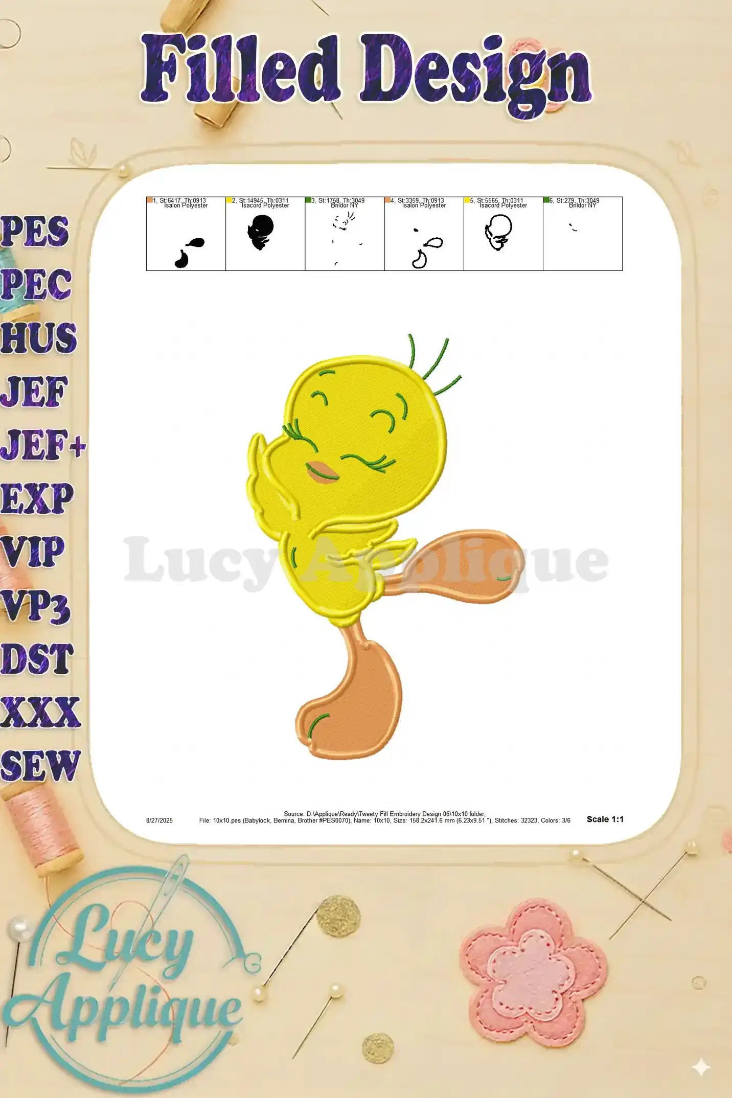 Tweety Bird embroidery design preview, showing the finished design with color blocks indicating thread changes.