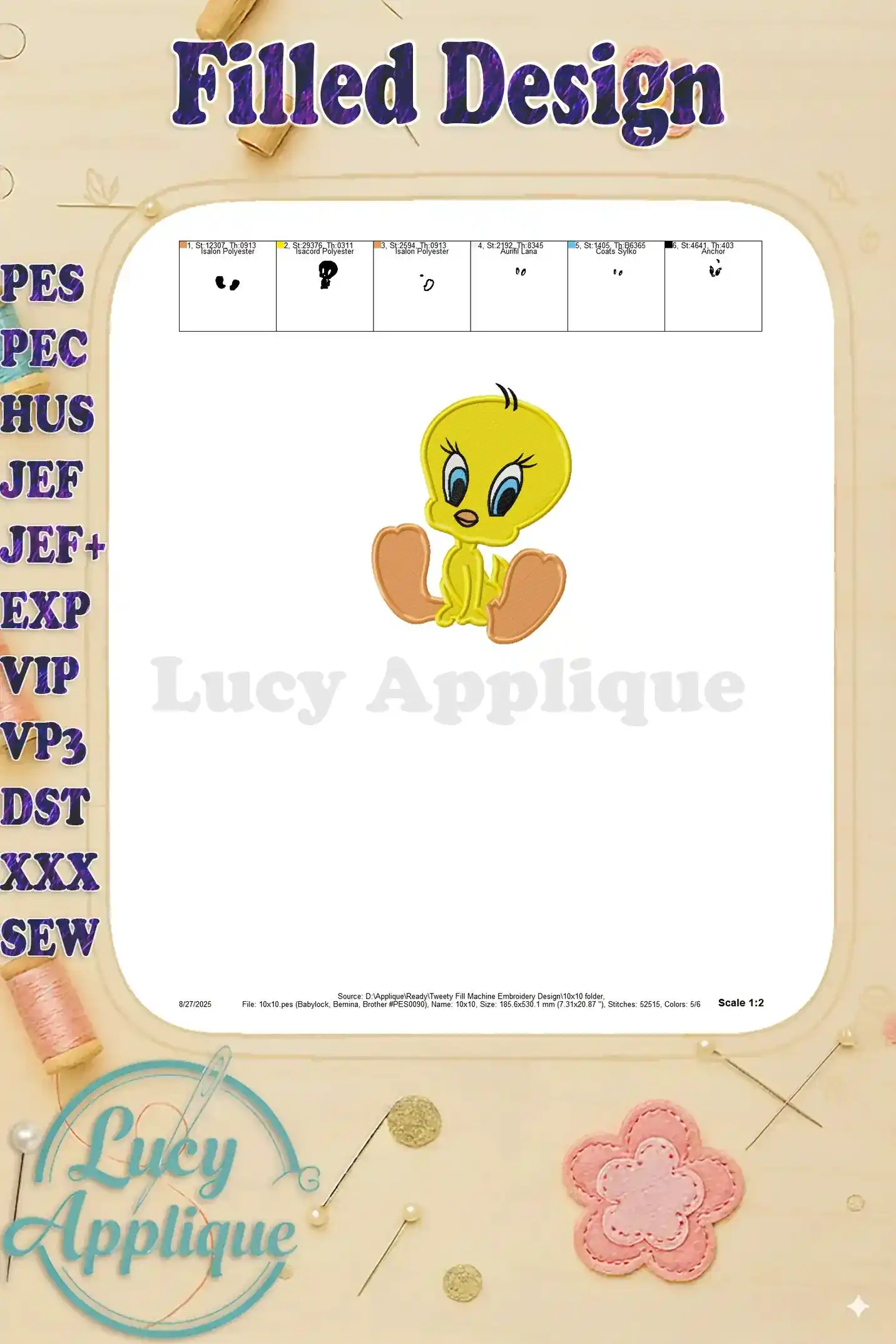 Scale image of the Tweety Bird embroidery design, showing the placement of each color section and the overall design layout. This is helpful for planning.