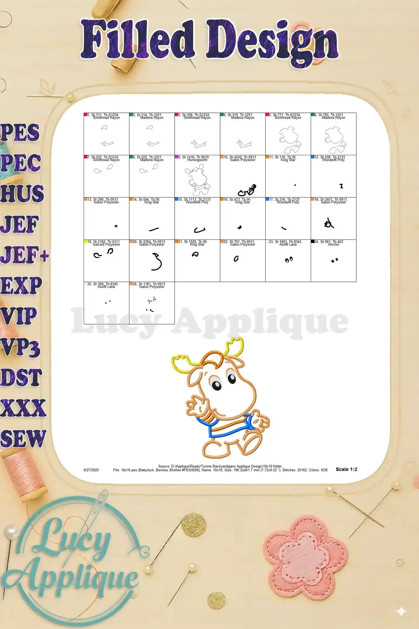 Filled design chart for the Tyrone Backyardigans applique. This worksheet provides a filled design preview with color codes for embroiderers.