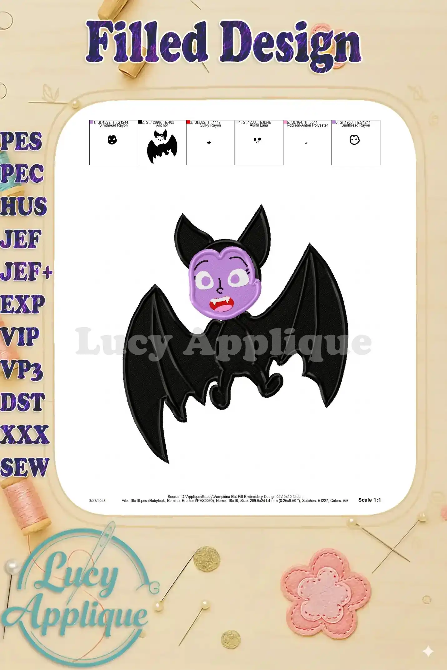 Detailed view of the color palette and design elements for the Vampirina bat embroidery, including a scale for accurate placement.