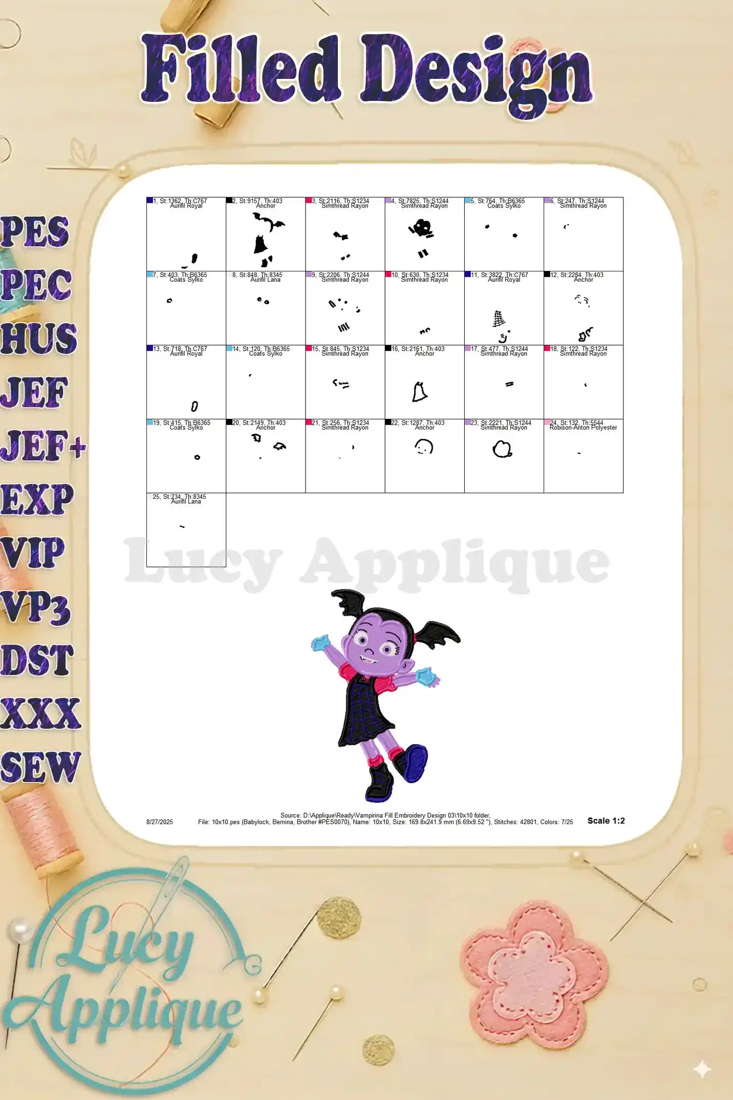 A detailed scale chart showing the arrangement of the various color blocks for the Vampirina embroidery design.
