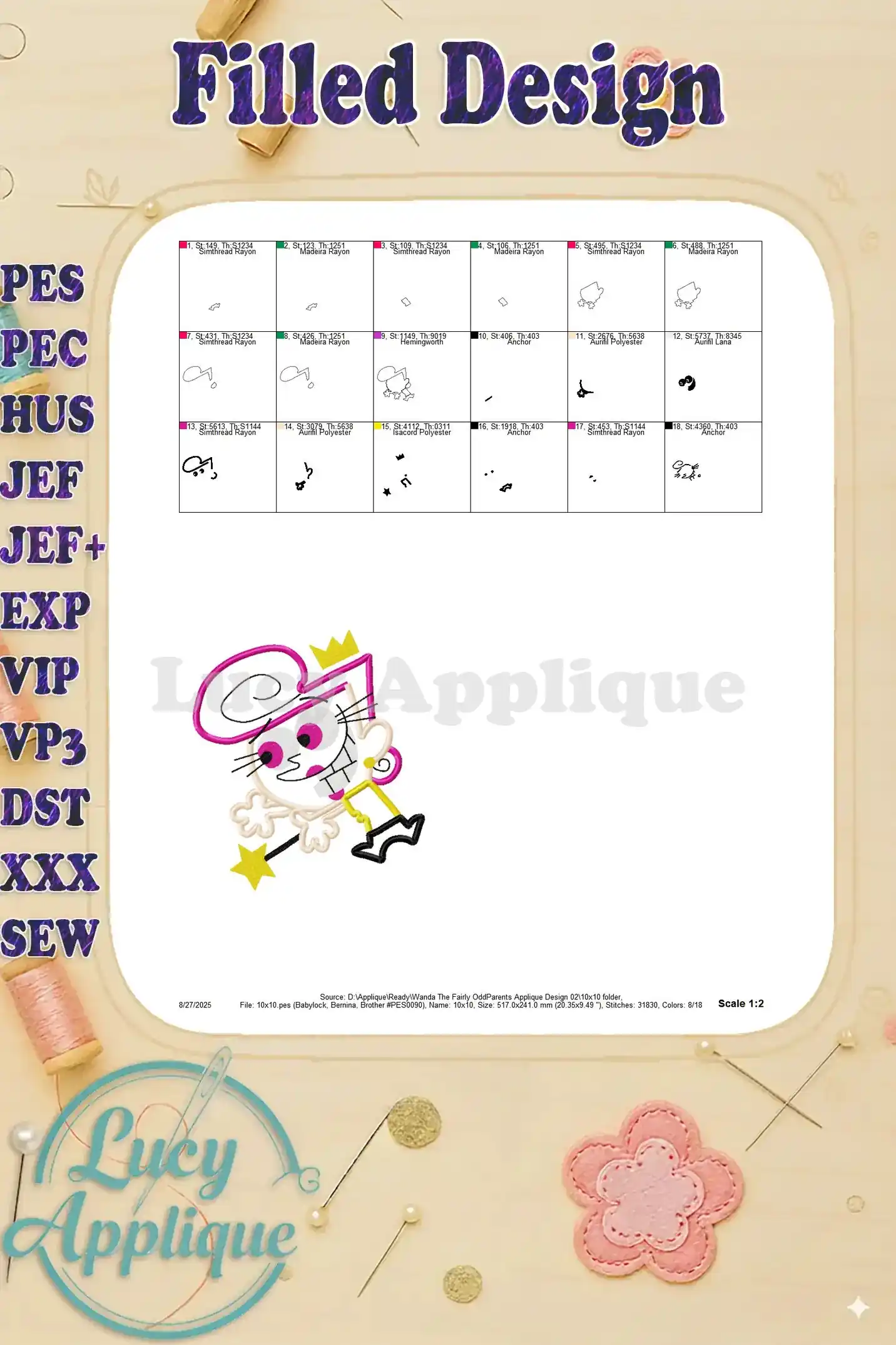 Filled design showing the complete embroidered image of Wanda with color chart and thread details.