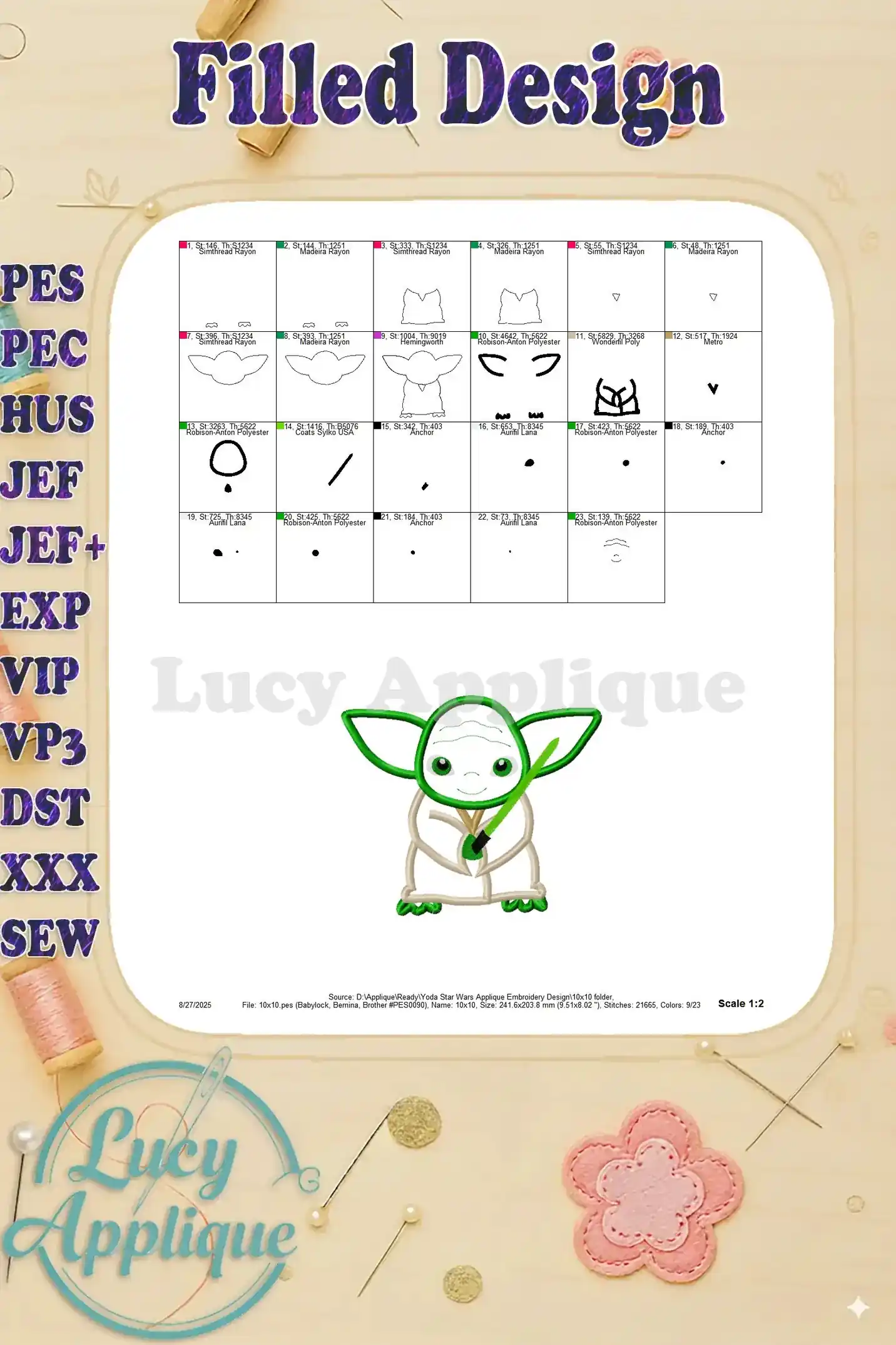 Detailed filled design instructions for the Yoda applique, showing thread usage and placement for each section. Scale is 1:2.
