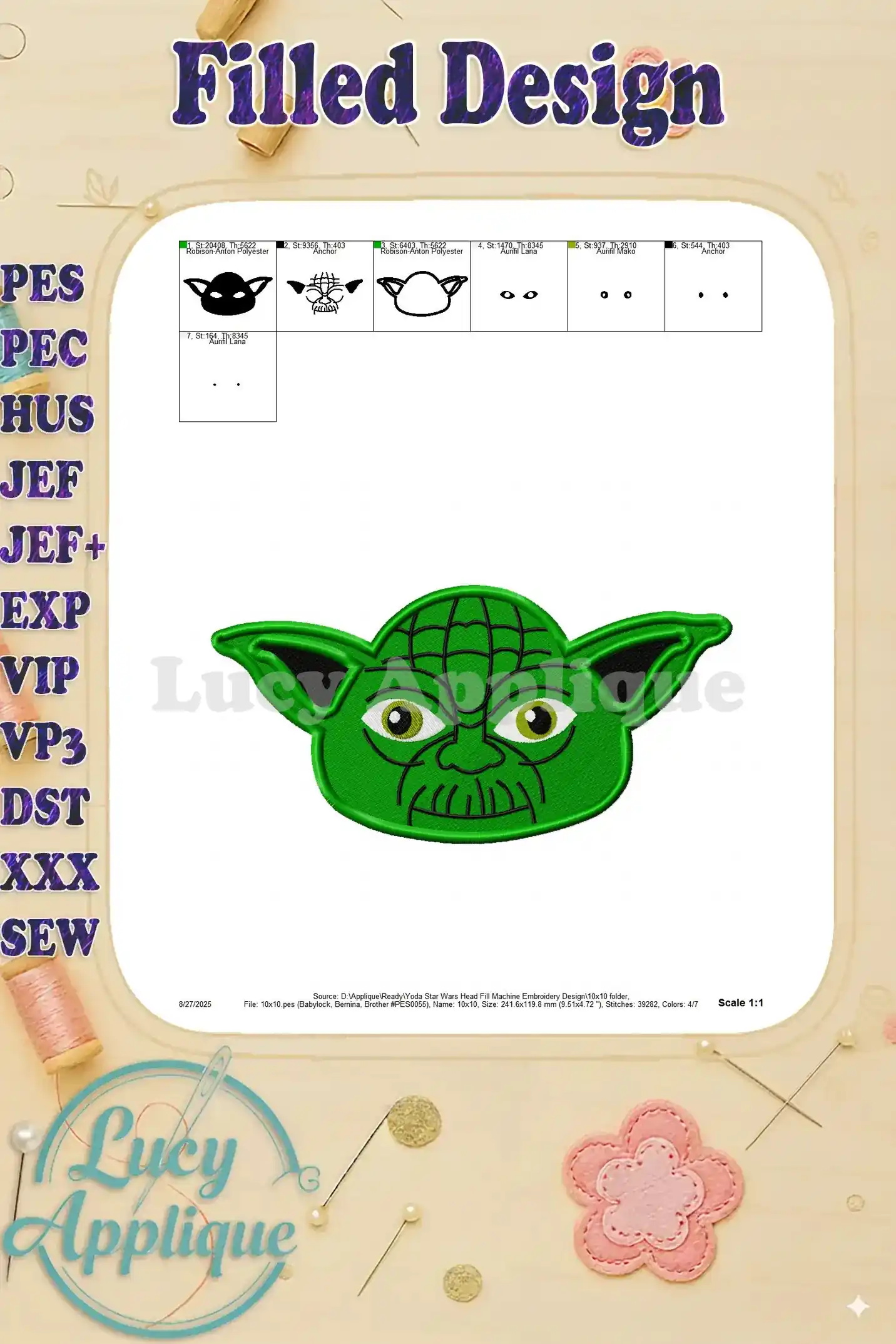 A detailed technical drawing illustrating the embroidery design's layout and color placement. Ideal for precise stitching and color coordination.