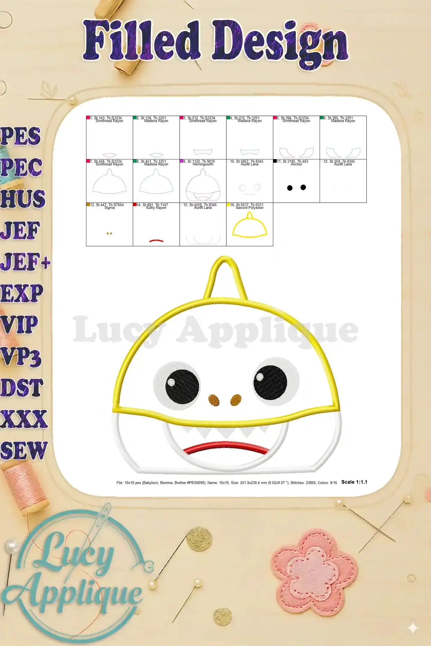 Filled design of Baby Shark applique embroidery, showing the completed design with different thread colors. Scale and stitch count are indicated.