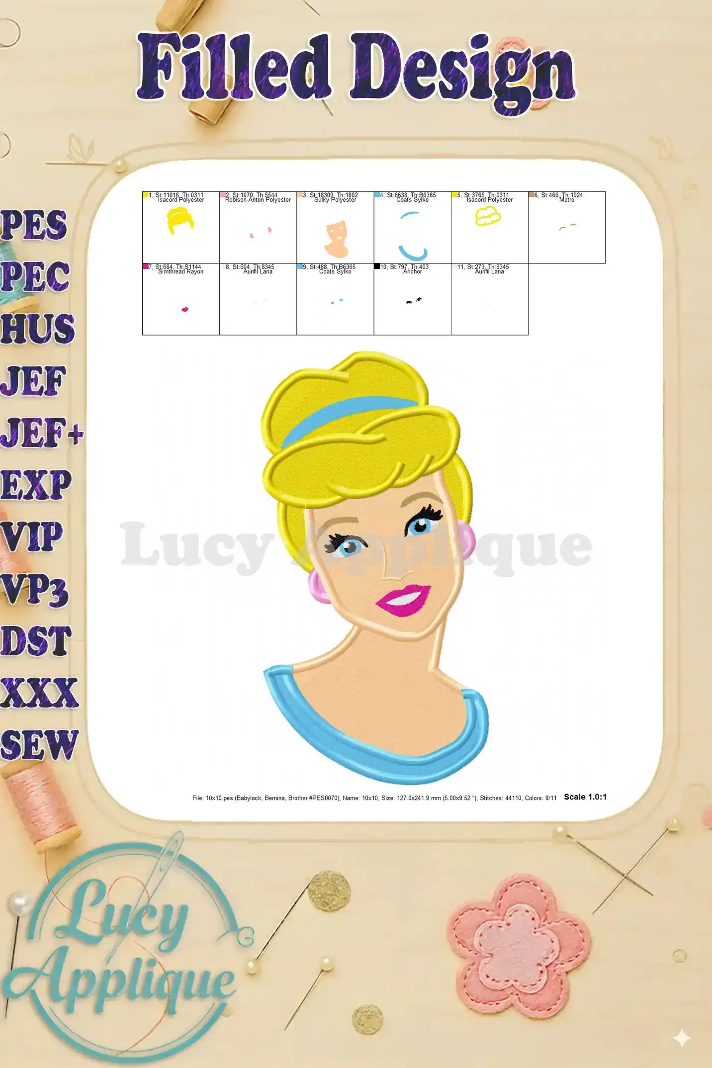 Embroidery design of Cinderella in different thread colors, with details visible about the design's size and stitch count. Shows a scale for accurate sizing.