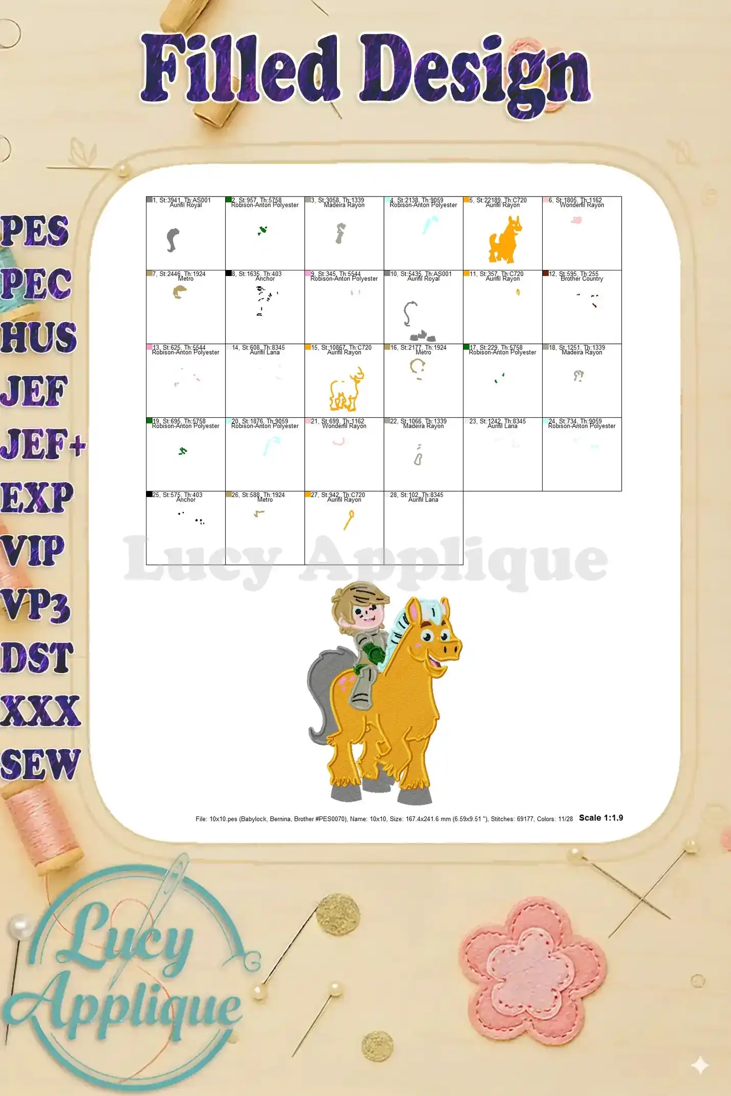 Detailed thread chart for the Princess Knight fill embroidery design, illustrating the color codes and thread requirements.