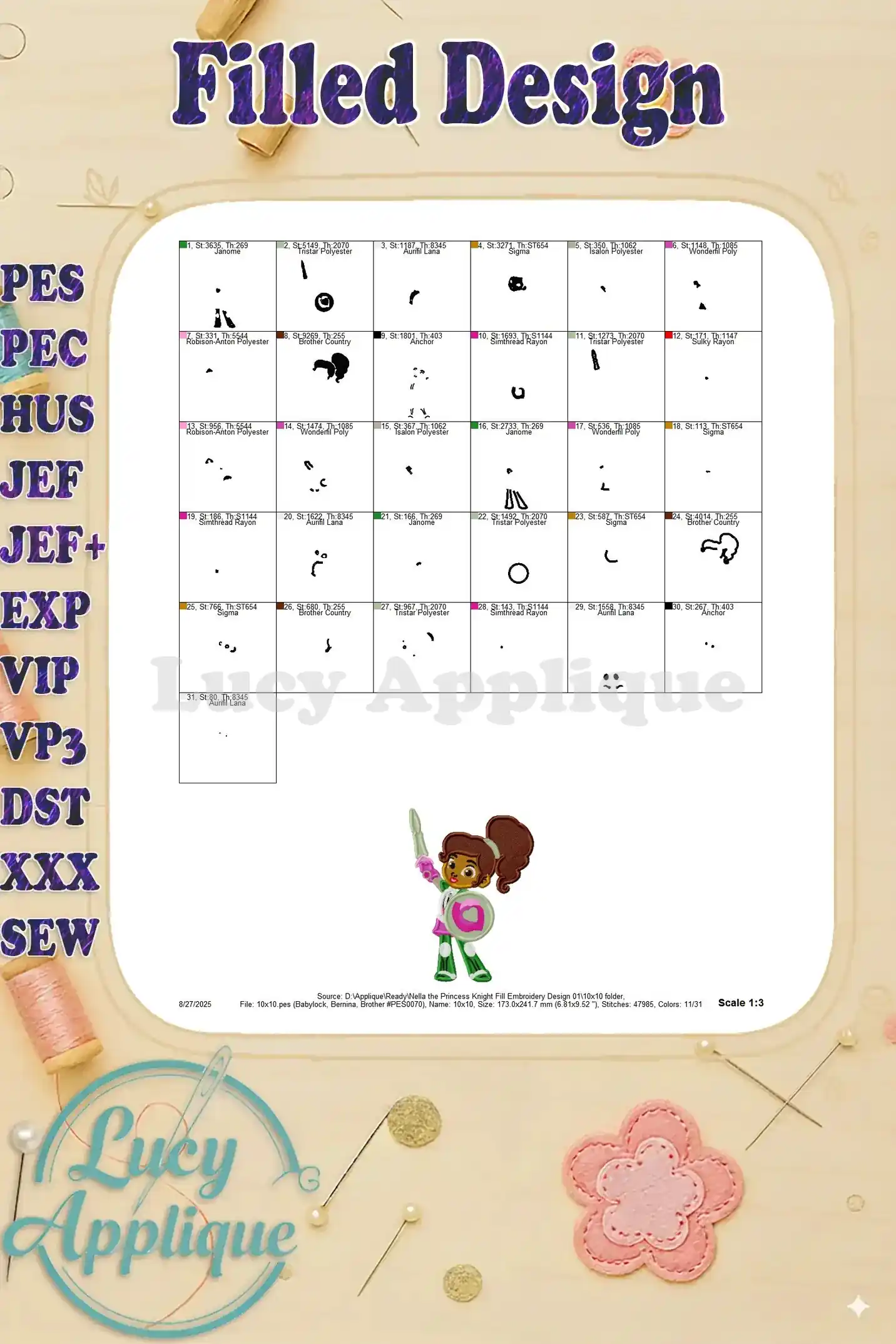 Detailed thread chart, showing thread color codes and names for the Nella the Princess Knight embroidery design. Useful for precise color matching.