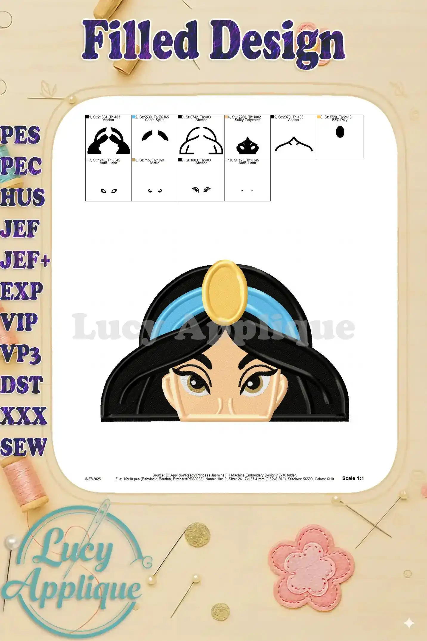 A full-scale preview of the completed Princess Jasmine filled embroidery design, showing the final product's size and detail. Scale is indicated.