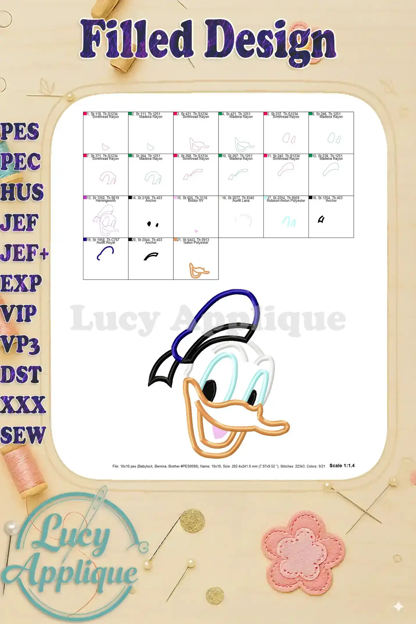 Filled design preview of the Donald Duck applique embroidery, showcasing the completed design with all colors and stitches in place.