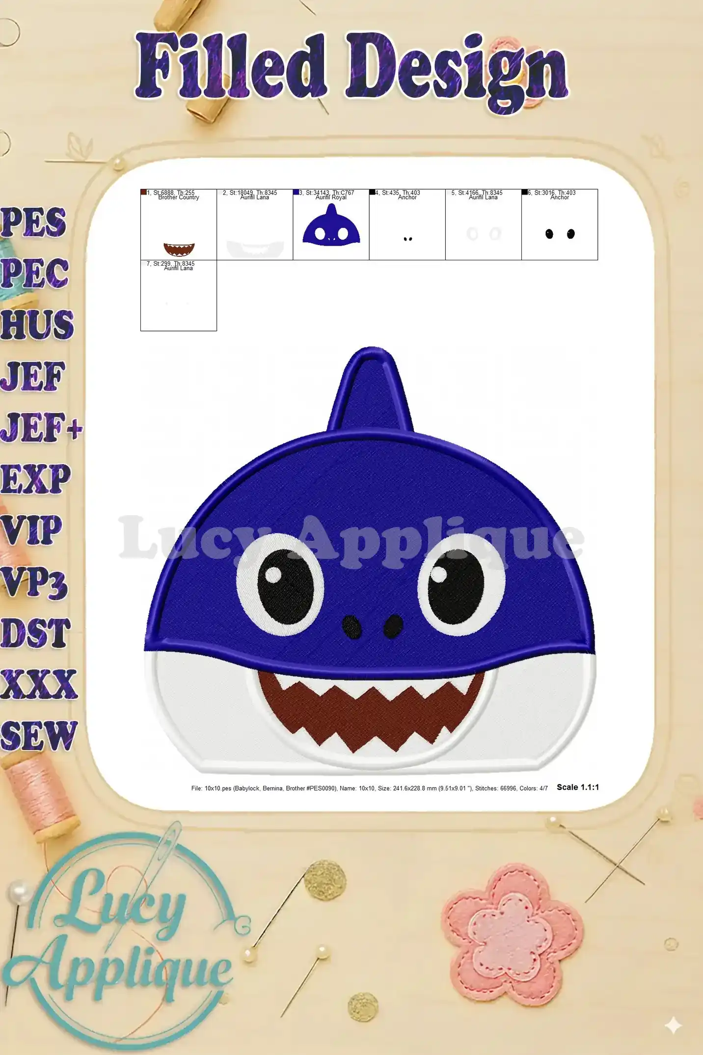 Detailed view of the Baby Shark embroidery design showing stitch density and color placement.