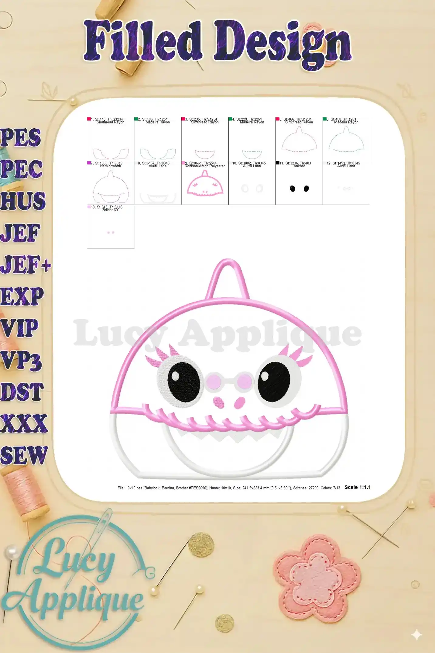 Filled design image of Grandma Shark applique, showing the completed design with all elements stitched. Pink and white color scheme.