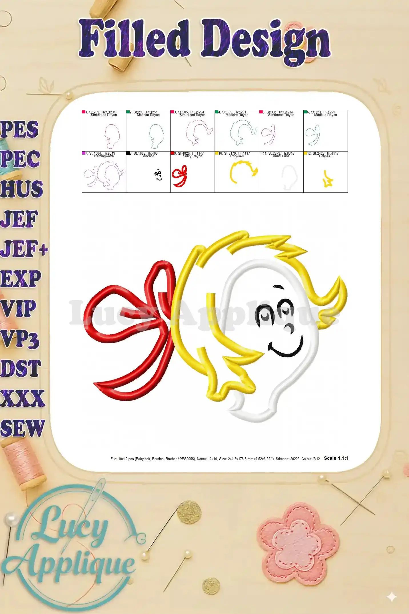 A filled applique design of Cindy Lou Who, showcasing the completed embroidery. This image highlights the final look of the design after stitching.