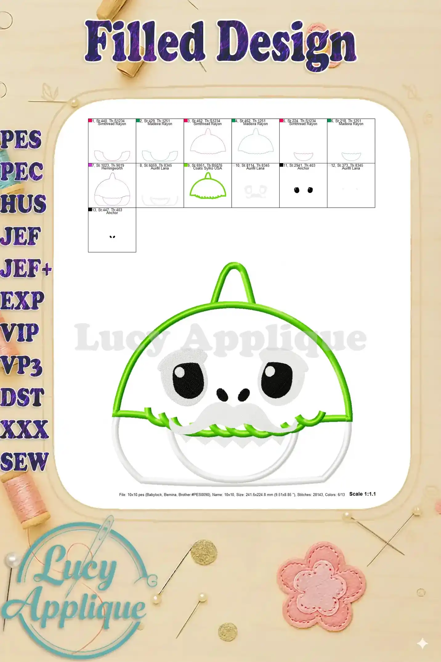 Filled design image of the Grandpa Shark applique embroidery design, showing the completed product with all elements stitched.