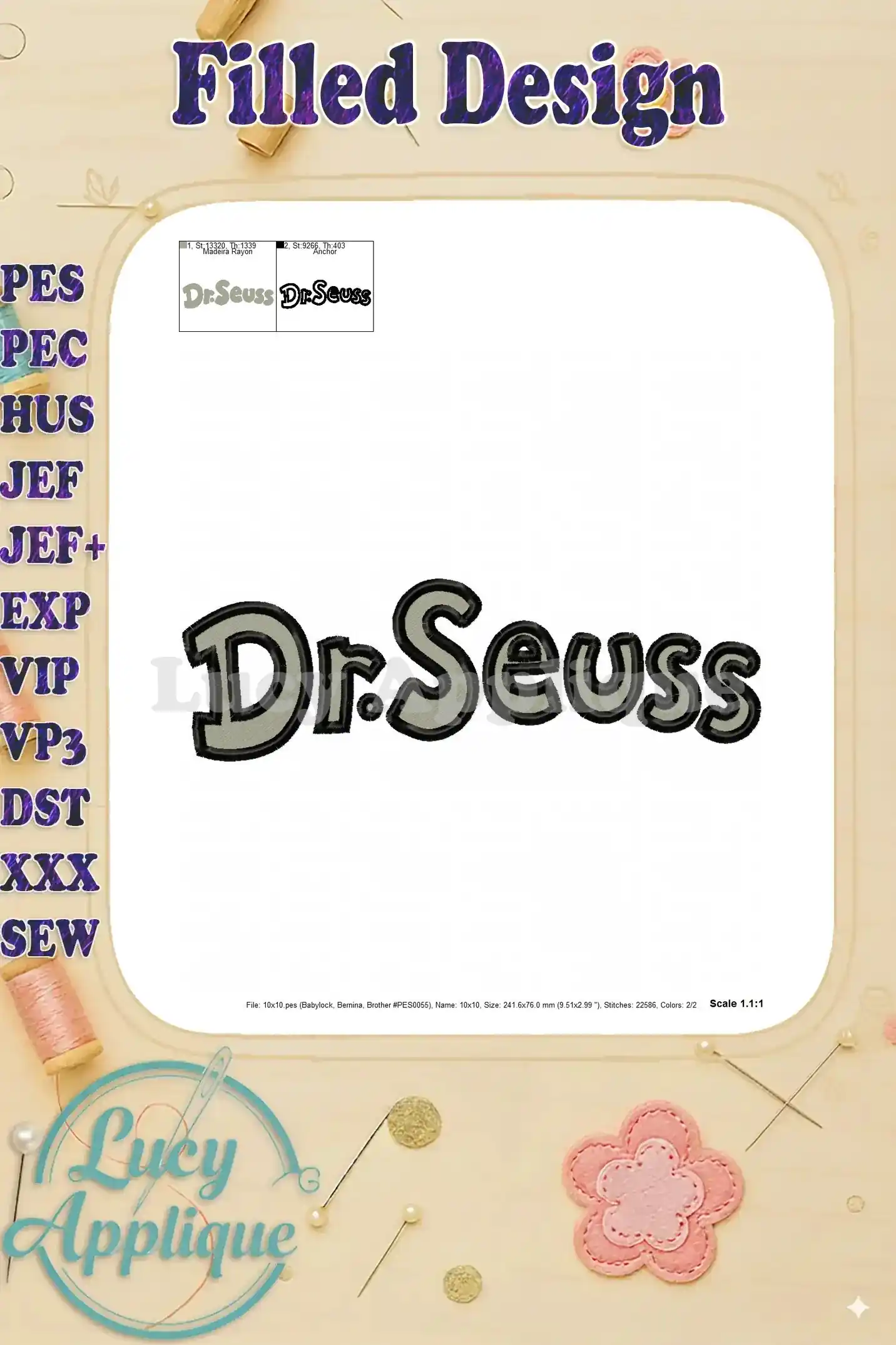 Close-up view of the Dr. Seuss filled embroidery design, showing the stitch details and the overall quality of the design. Perfect for assessing the design before stitching.