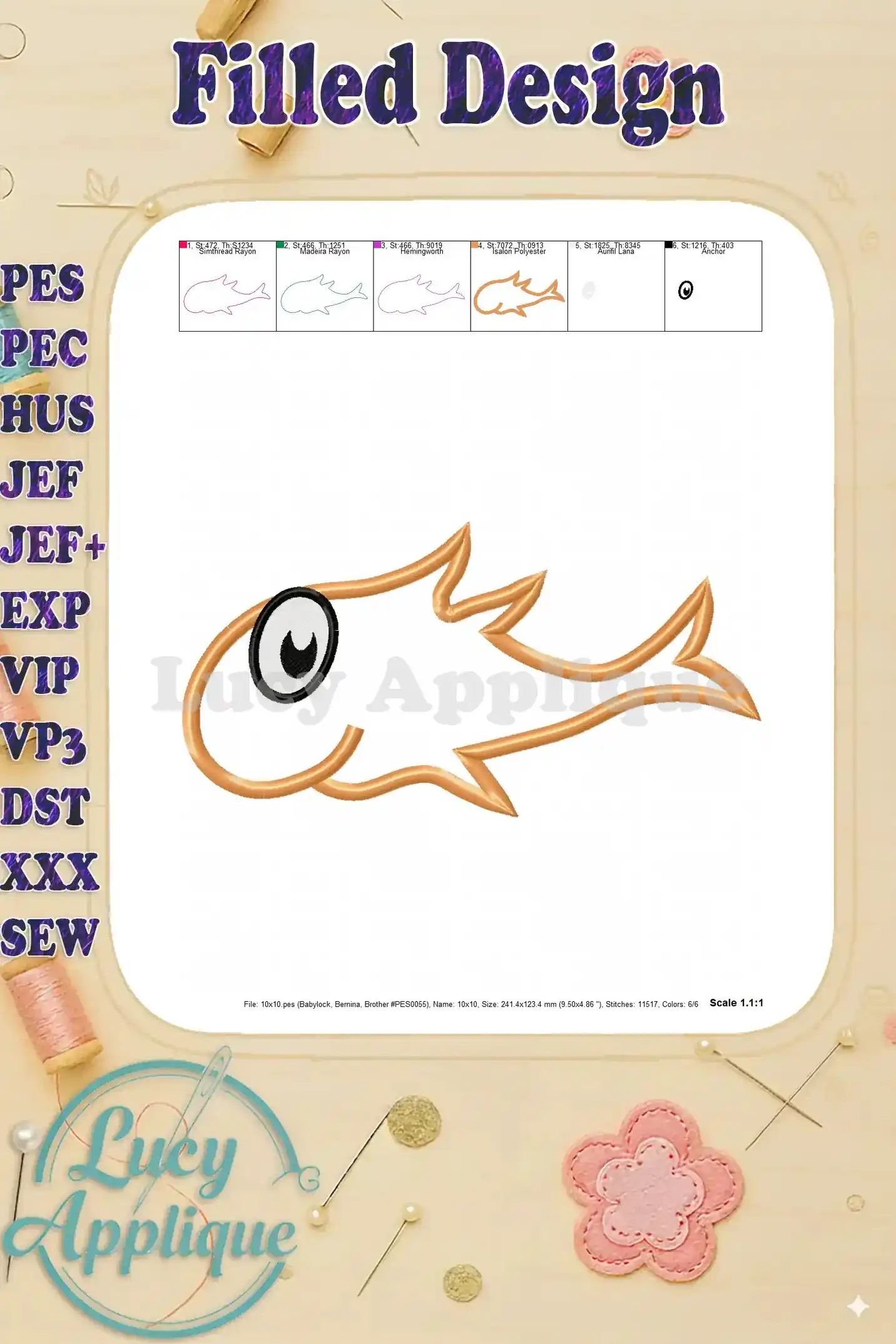 Color chart and size details for the orange fish filled embroidery design. Shows different color options and dimensions for the design.