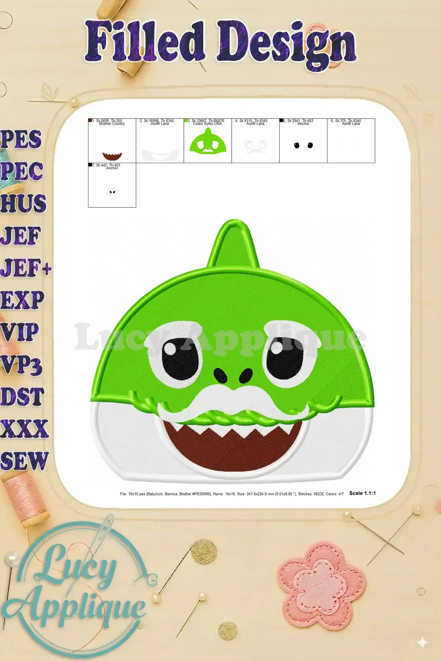 Detailed color chart and layout for Grandpa Shark embroidery, showing individual sections and their thread colors. Useful for accurate stitching.