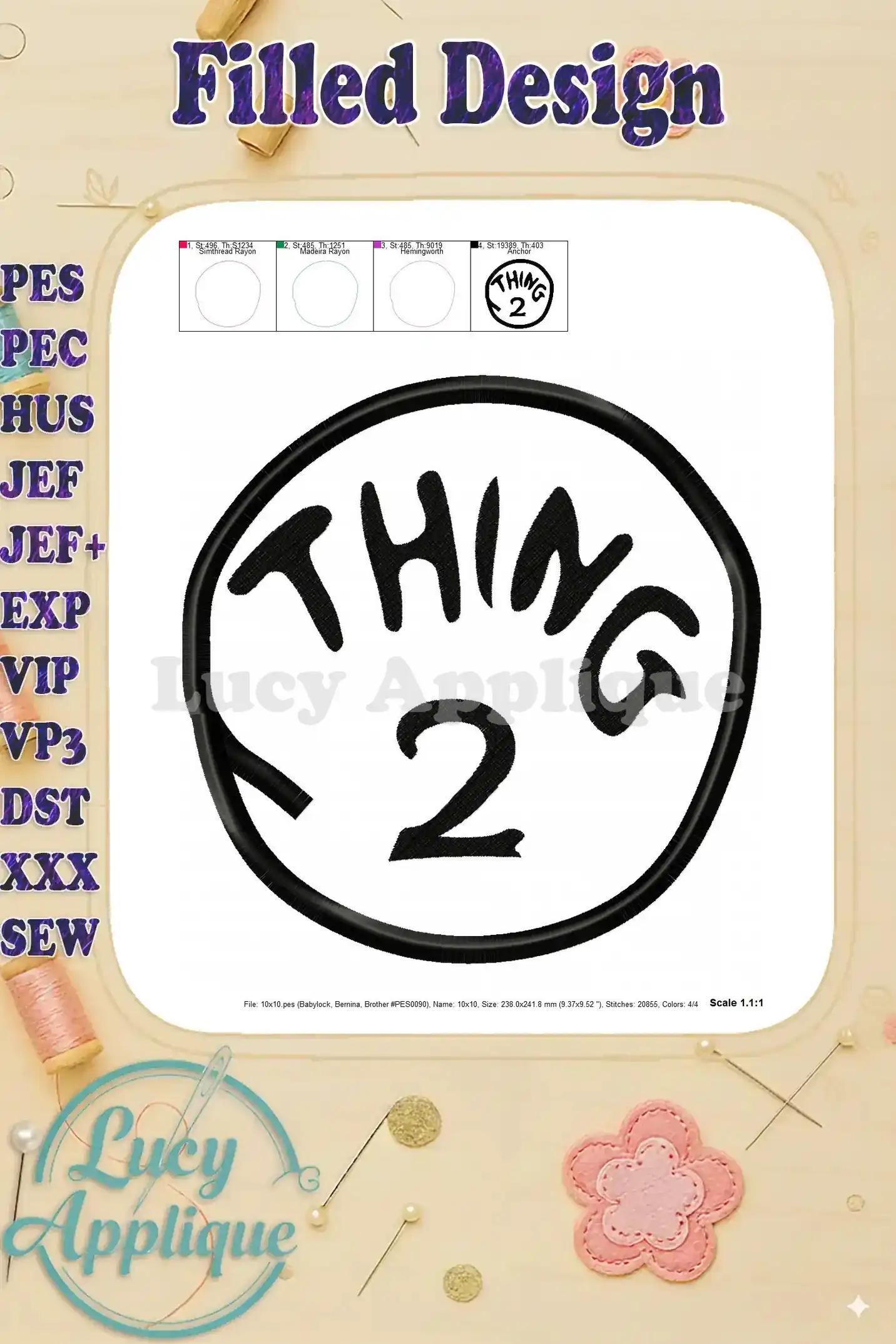 Filled design image of Thing 2 applique, showcasing the completed look after embroidery, with color options displayed for reference.