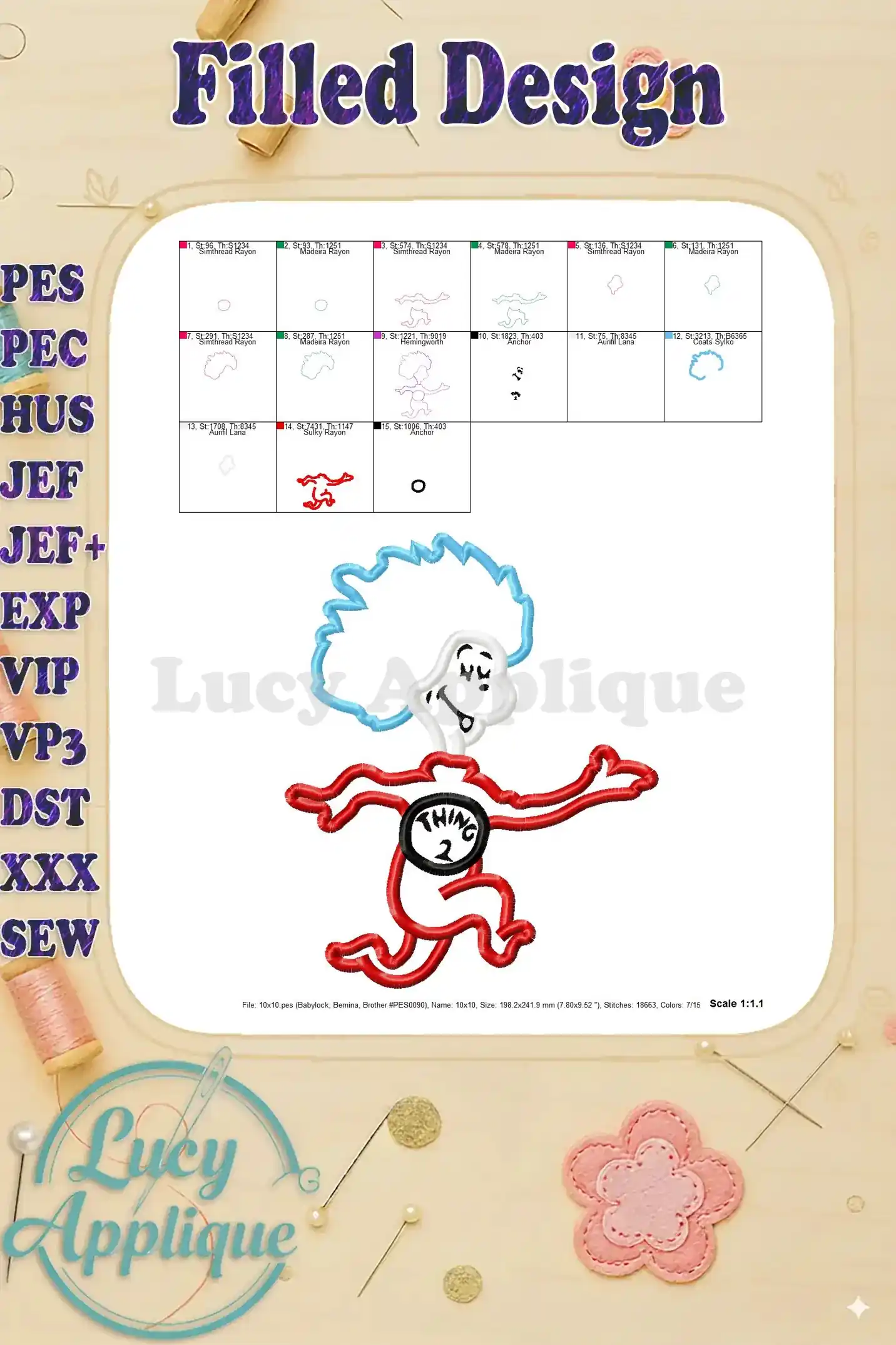 Filled design of Thing Two from The Cat in the Hat, showing the finished look of the applique after stitching.