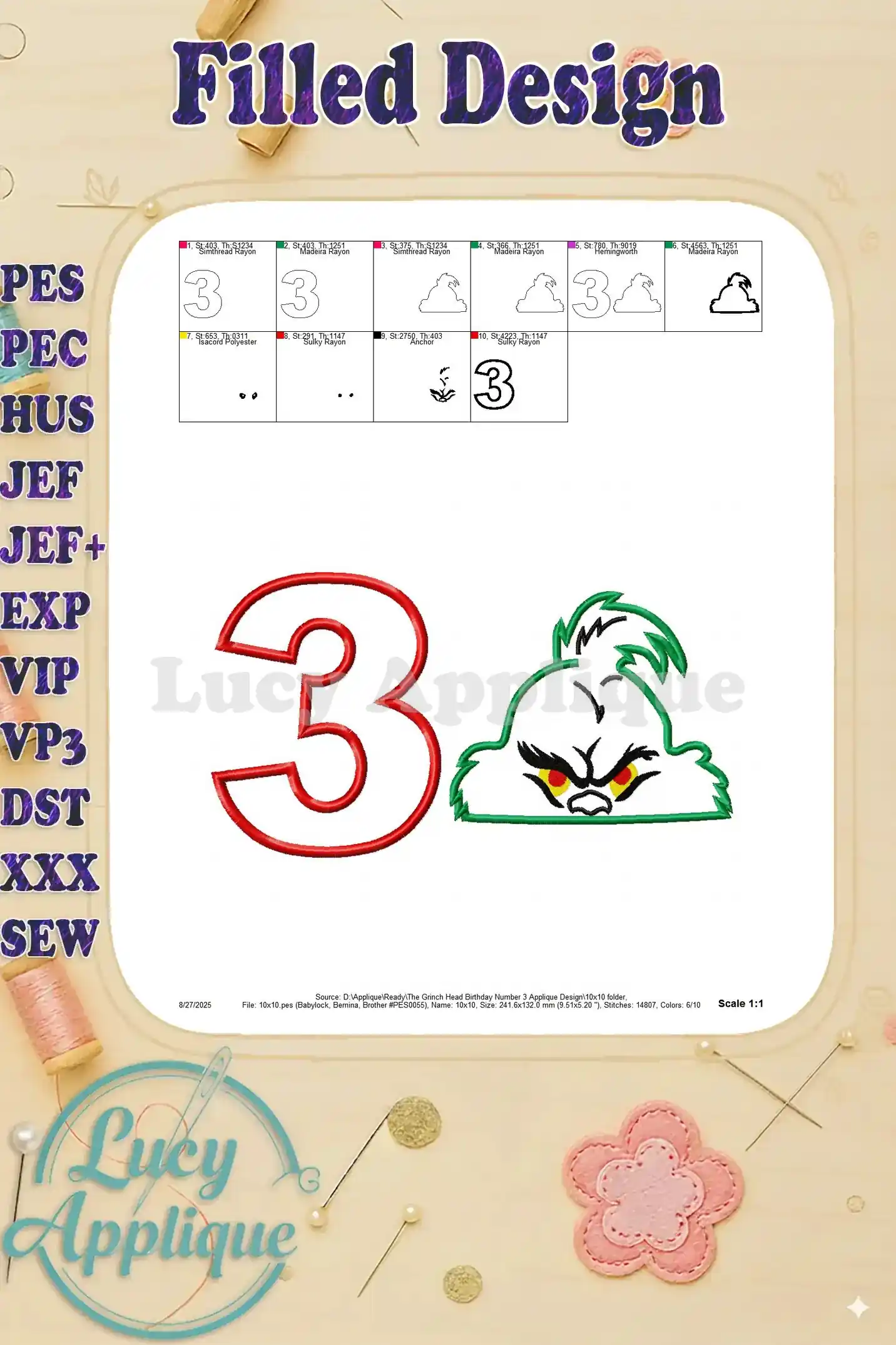 Filled design of the Grinch's head next to the number 3, showcasing the completed embroidery. The image provides a clear view of the finished product.