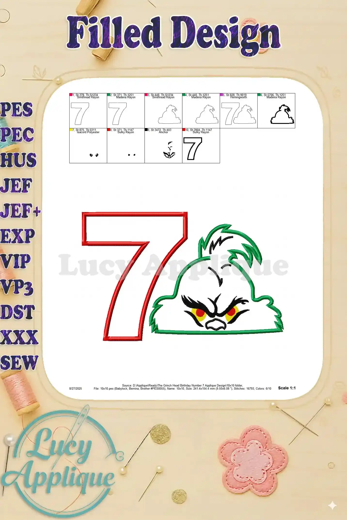 Filled design showing the finished product of the Grinch head applique with the number 7. Perfect to see the final product before stitching.