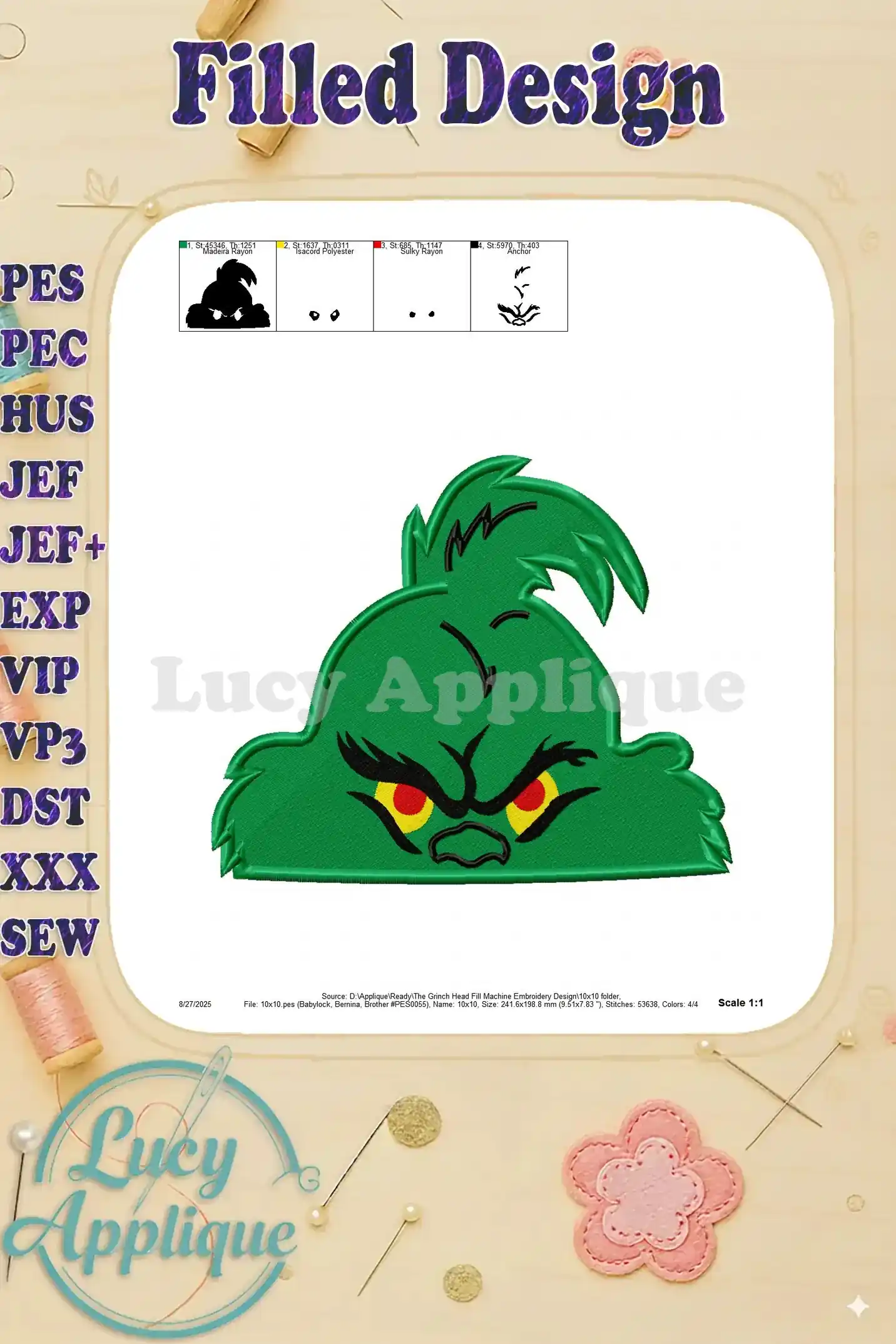 A close-up view of the Grinch head embroidery design, highlighting the intricate details and stitch quality. This image showcases the design at a 1:1 scale.