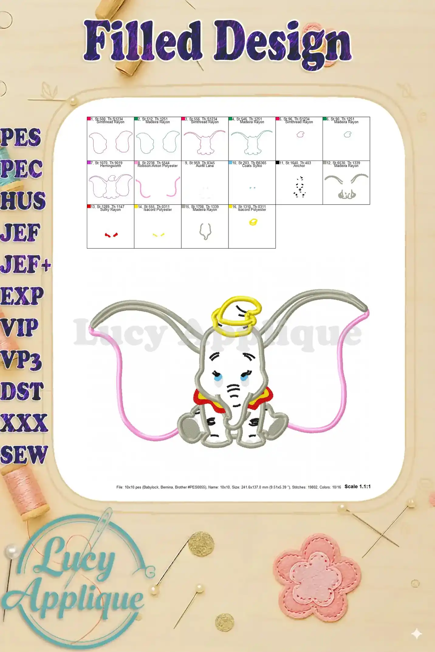Filled design of Dumbo shows the completed applique design with color details. Useful for visualizing the final embroidered product.