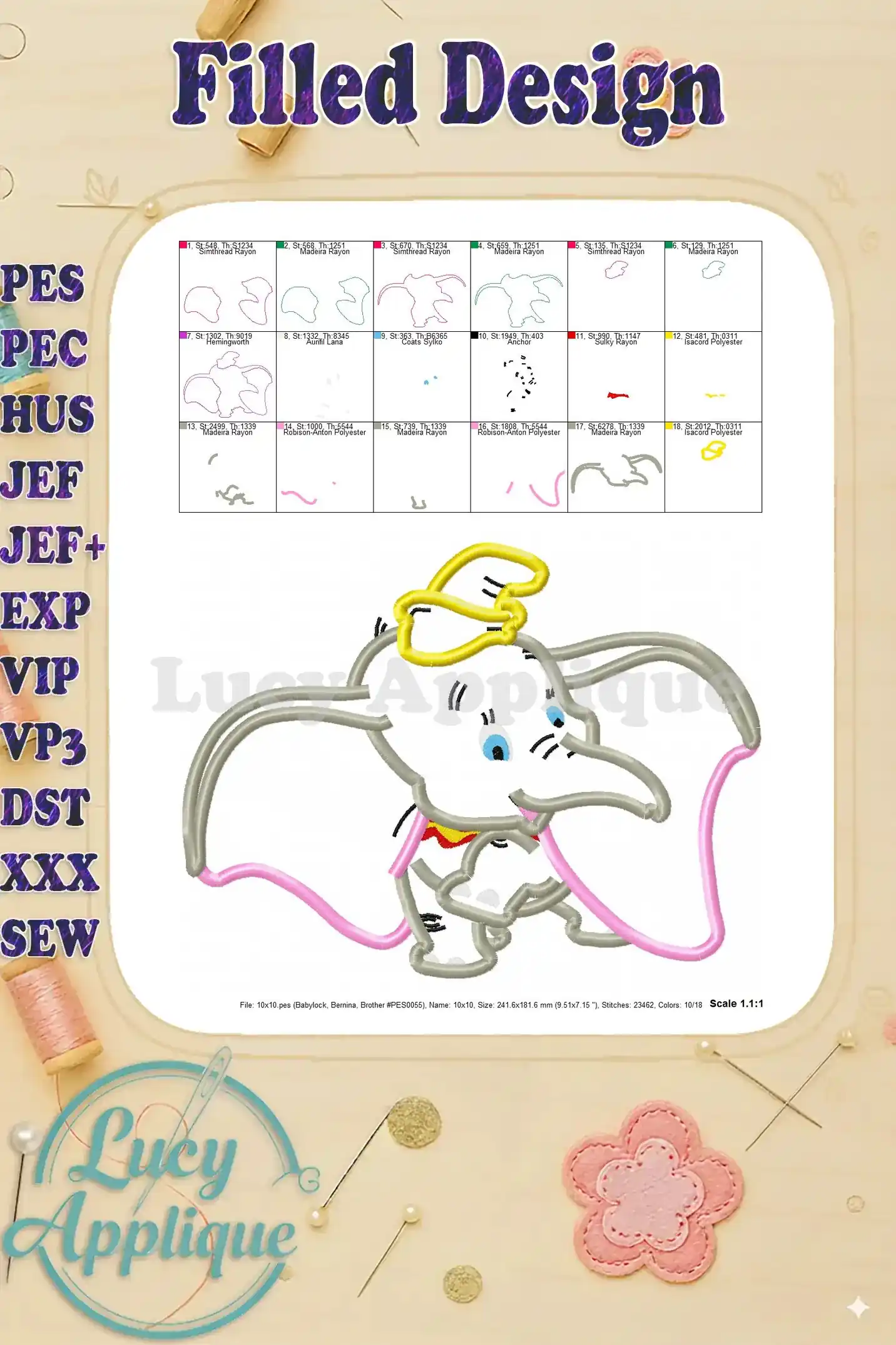 Filled embroidery design of Dumbo, providing a different style compared to the applique version. Shows stitch details.
