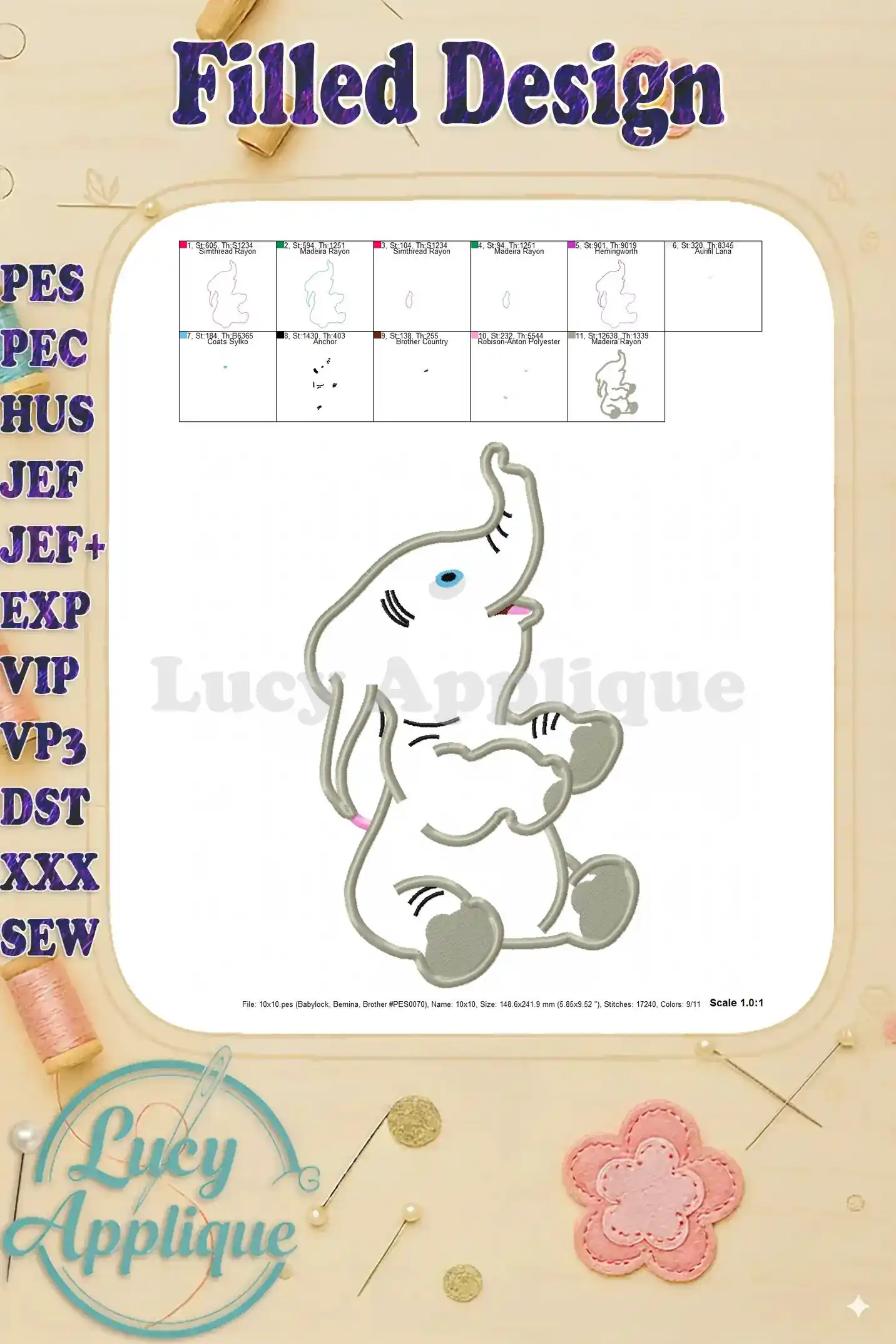 A filled design illustration for the Dumbo applique, exhibiting the final stitched look with color codes and scale information.