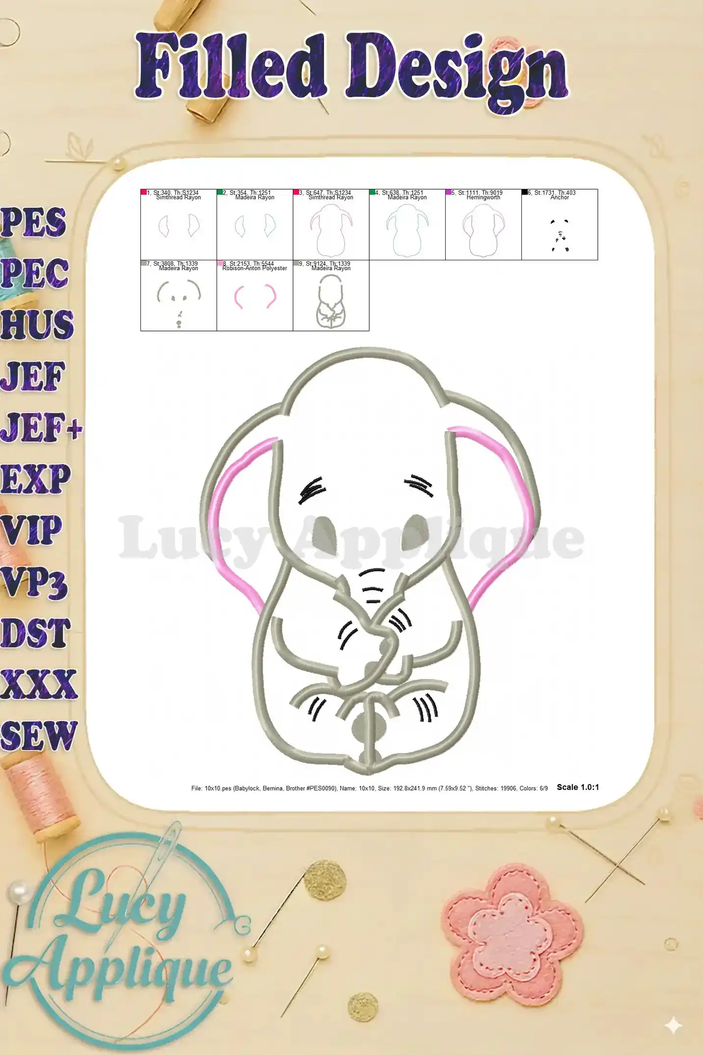 Filled design of Dumbo in applique style, showing the completed design and thread colors used.