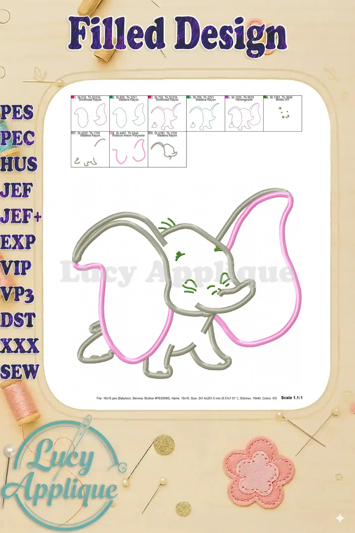A filled design image of the Dumbo applique, showing the final embroidered look with different color variations, inspiring various creative applications.