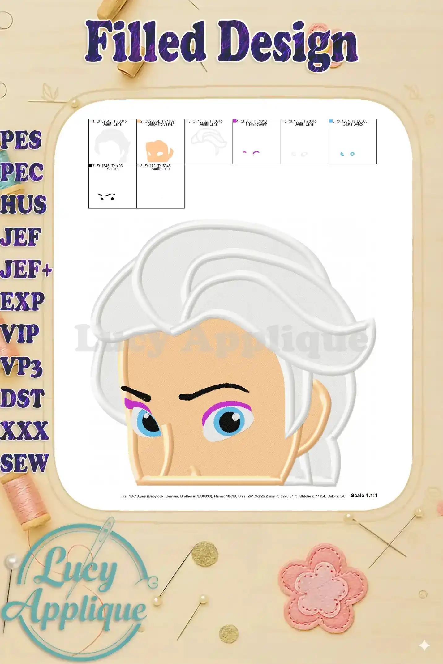 Another view of the Elsa embroidery design, showcasing the details and stitch quality. A scale is included for reference. Multiple file formats are supported.