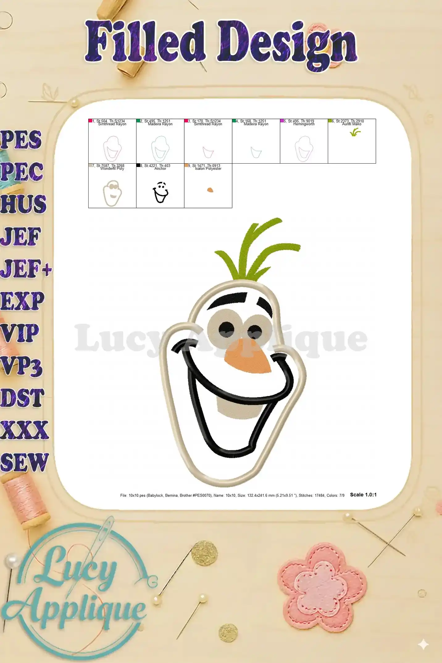 Filled design image of Olaf from Disney's Frozen. This image shows the completed design with all the colors filled in. High-quality stitching details.