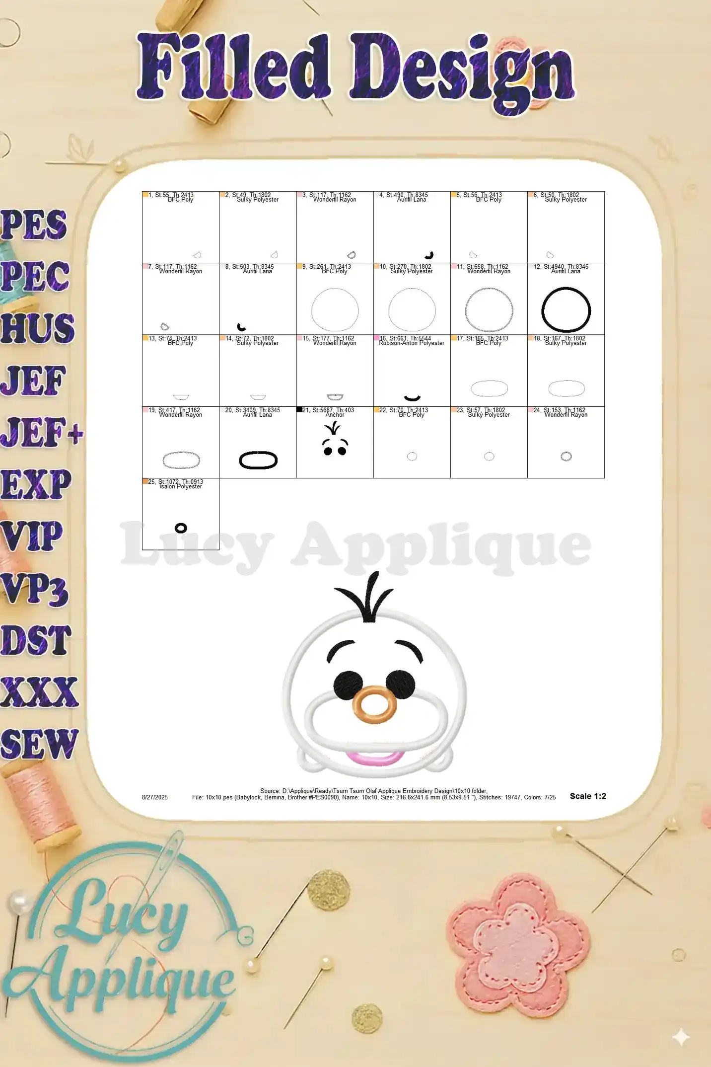 Filled design instructions for the Tsum Tsum Olaf embroidery project. This shows the steps and colors needed for the filled parts of the design.