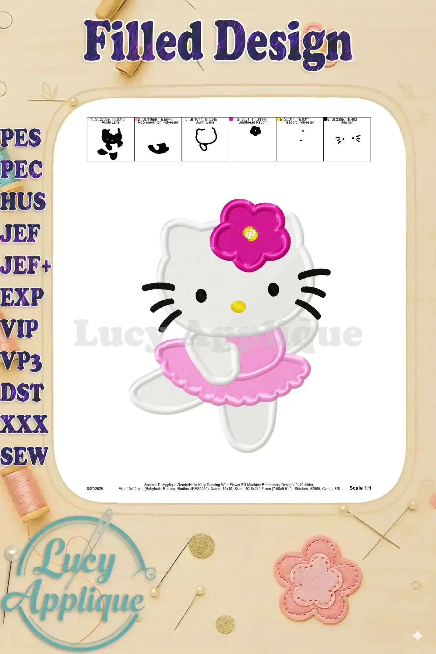 Detailed view of the Hello Kitty embroidery design stitches, showing thread color codes and placement. Includes scale information.