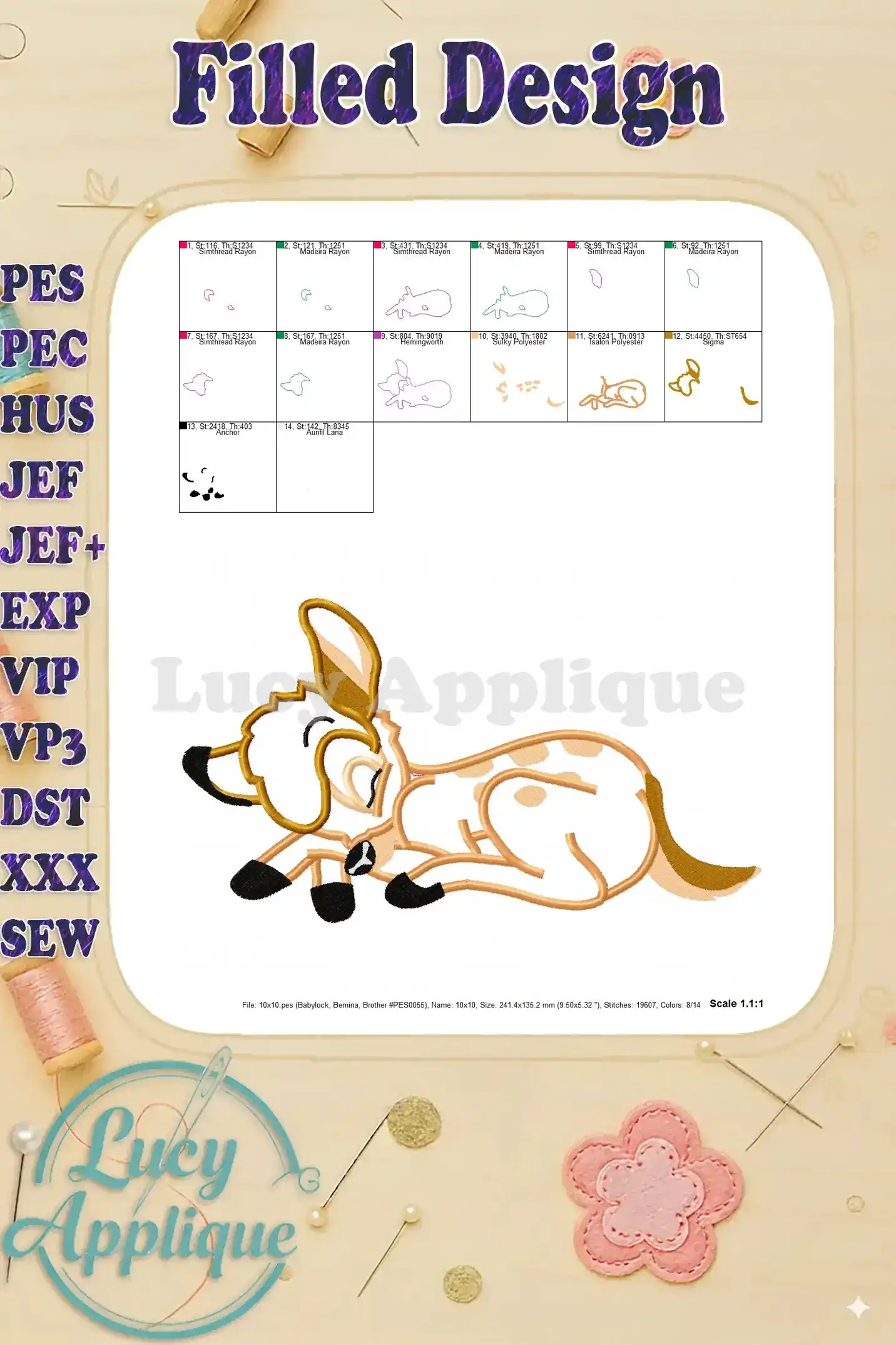 Filled embroidery design of Bambi lying down, showing a completed design. Color palette and details are clearly visible.