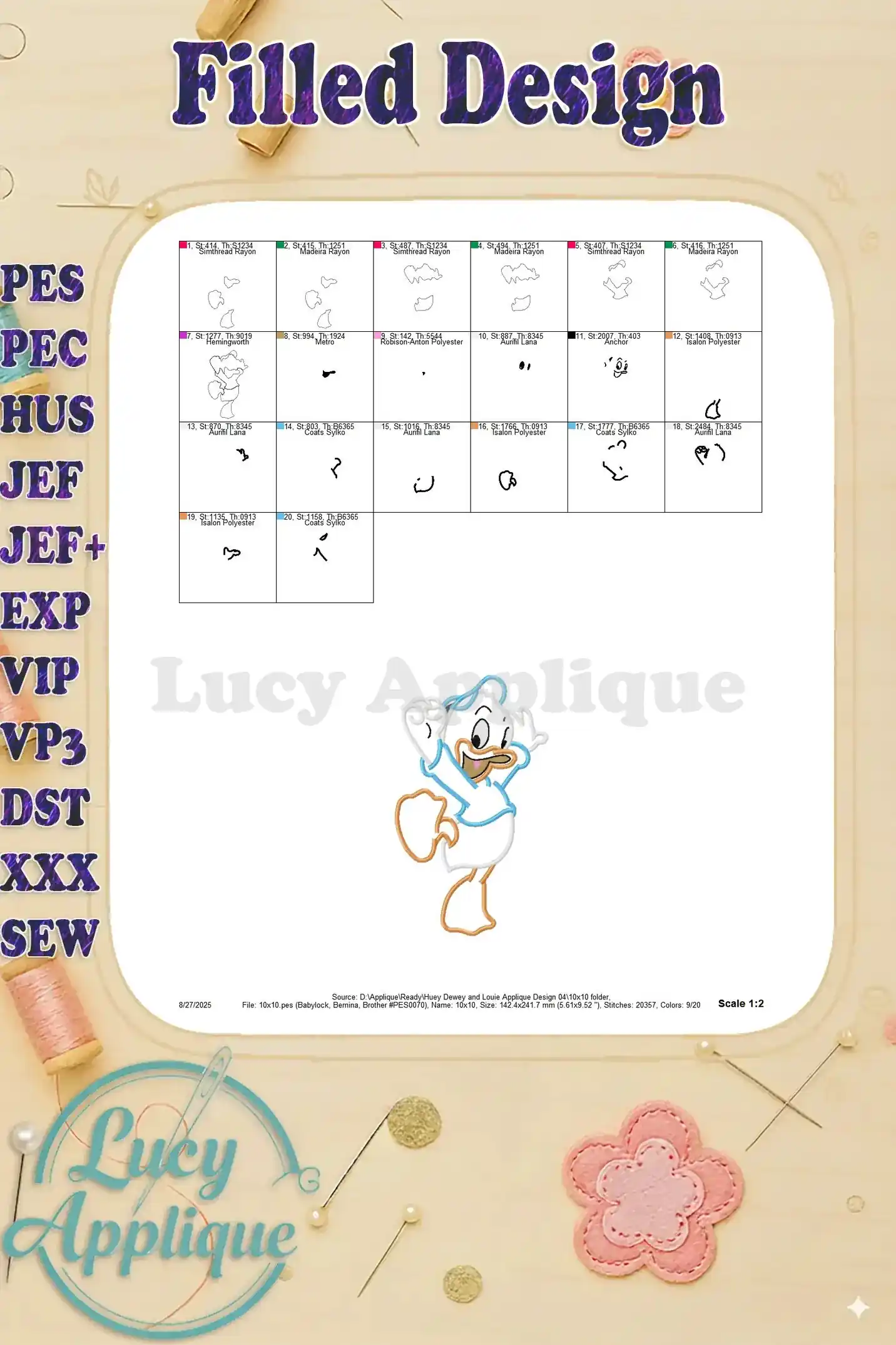 A filled design illustration of Huey Duck, showcasing the completed applique design and its stitch density. Includes color chart and details.