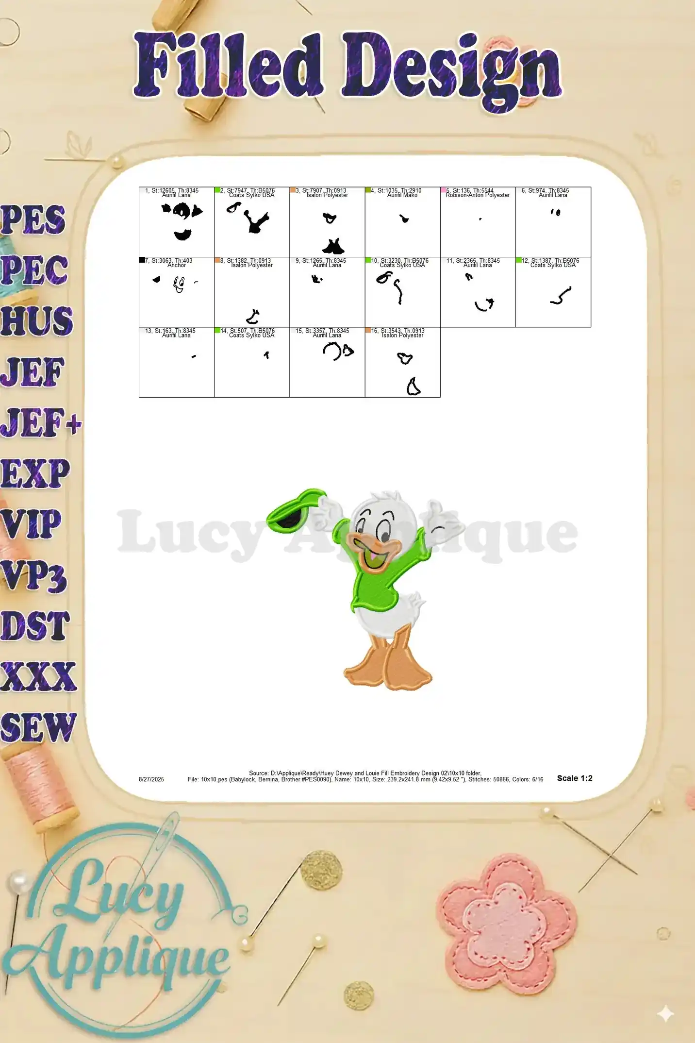 A scale overview of the complete Huey, Dewey, and Louie embroidery design with individual color sections labeled and thread codes listed for easy reference.