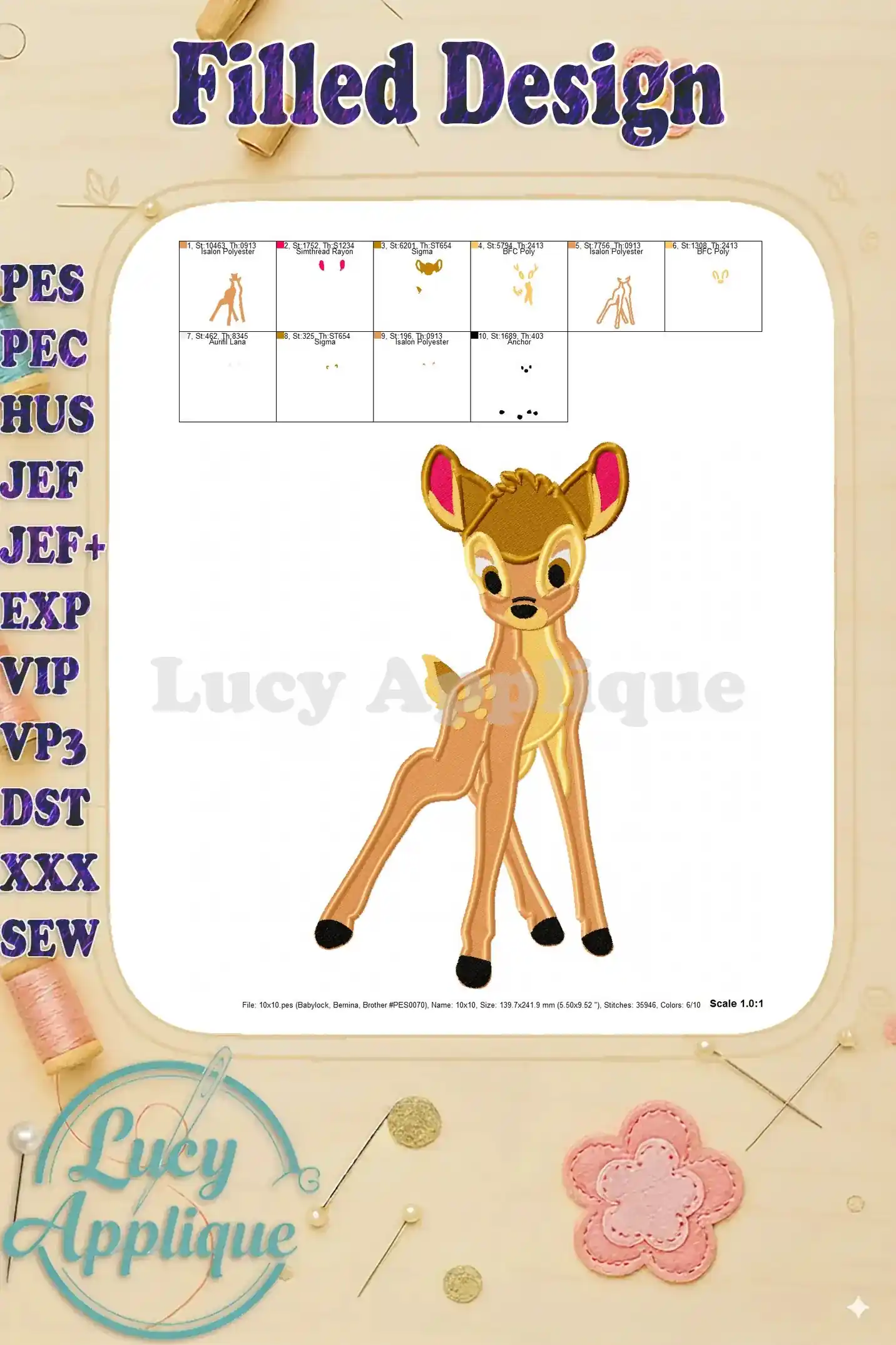 A detailed view of the Bambi embroidery design, showcasing the placement of each thread color for precise stitching. Scale is 1:01.