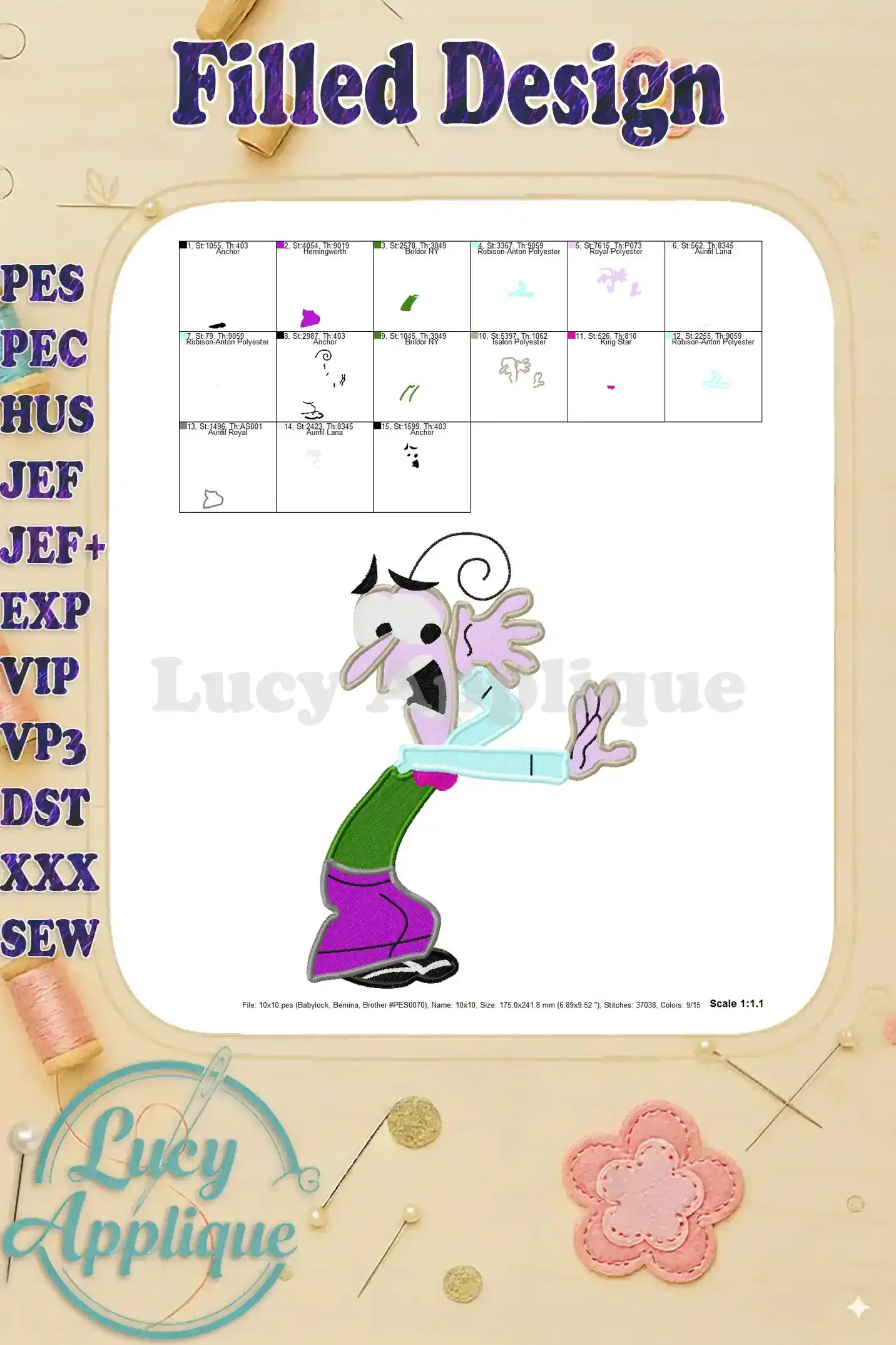 Embroidery design of Fear from Inside Out, showcasing the final stitched design and its scale. Includes details like stitch count, design size, and software used.