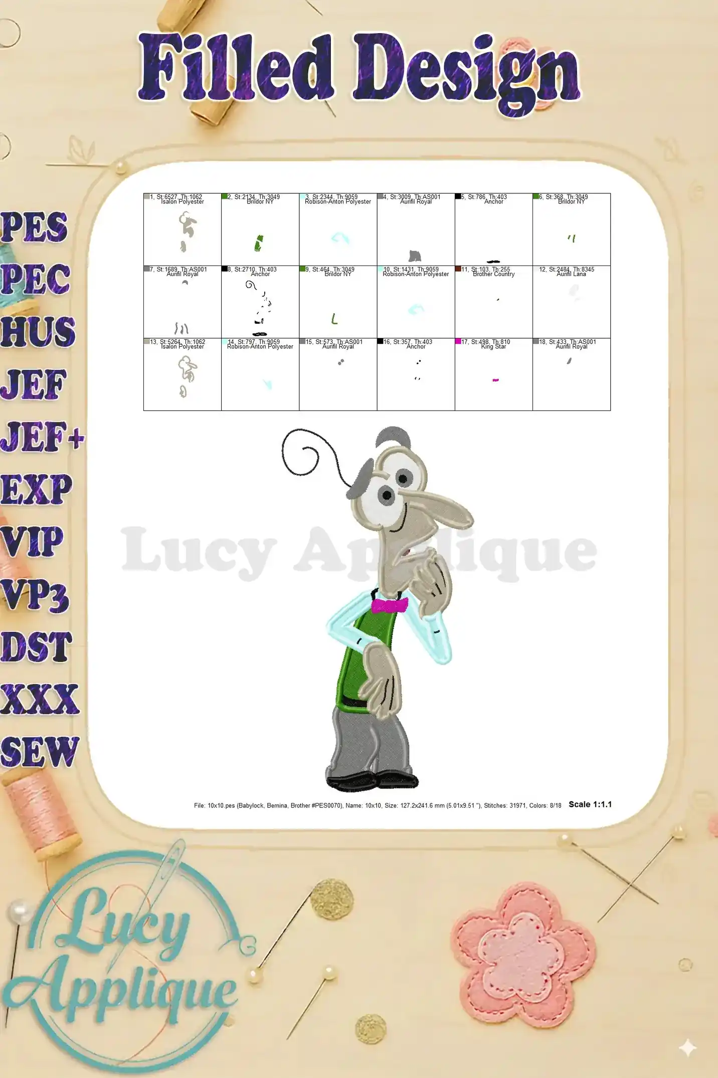 Embroidery design of Fear from Disney Pixar's Inside Out, showing thread usage and needle details. The design is shown in full detail.