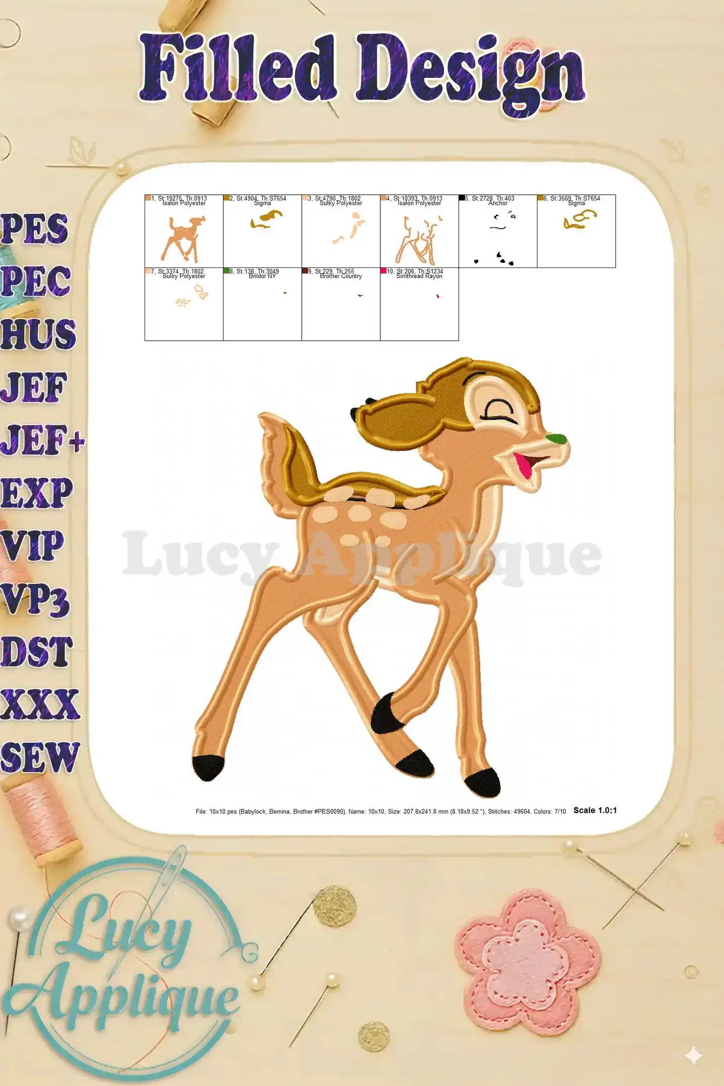 Embroidery design of Bambi with color blocks showing different stitch variations. Includes scale and file information.