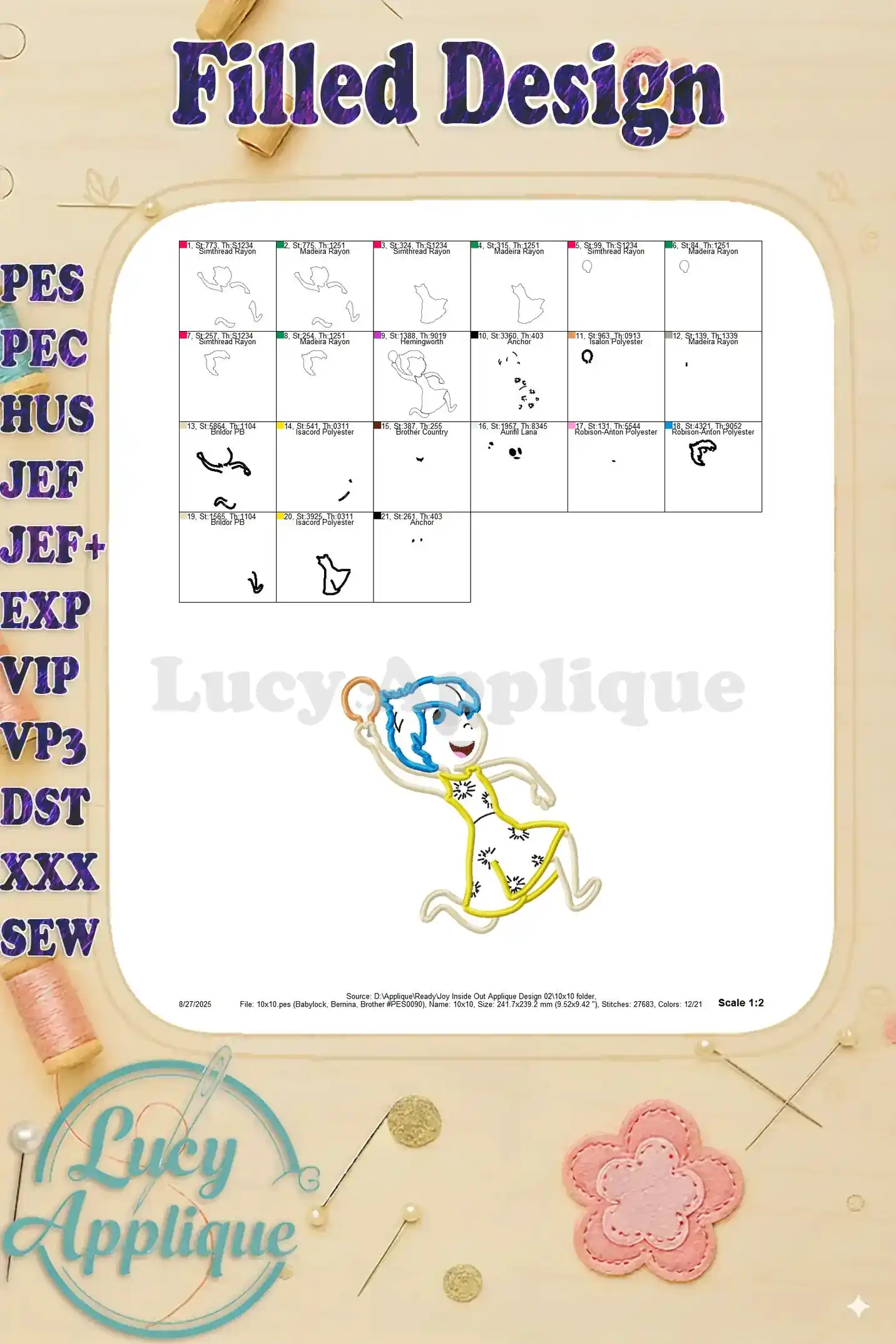 Filled design showing the completed Joy Inside Out applique embroidery, showcasing the final look and feel of the completed design.