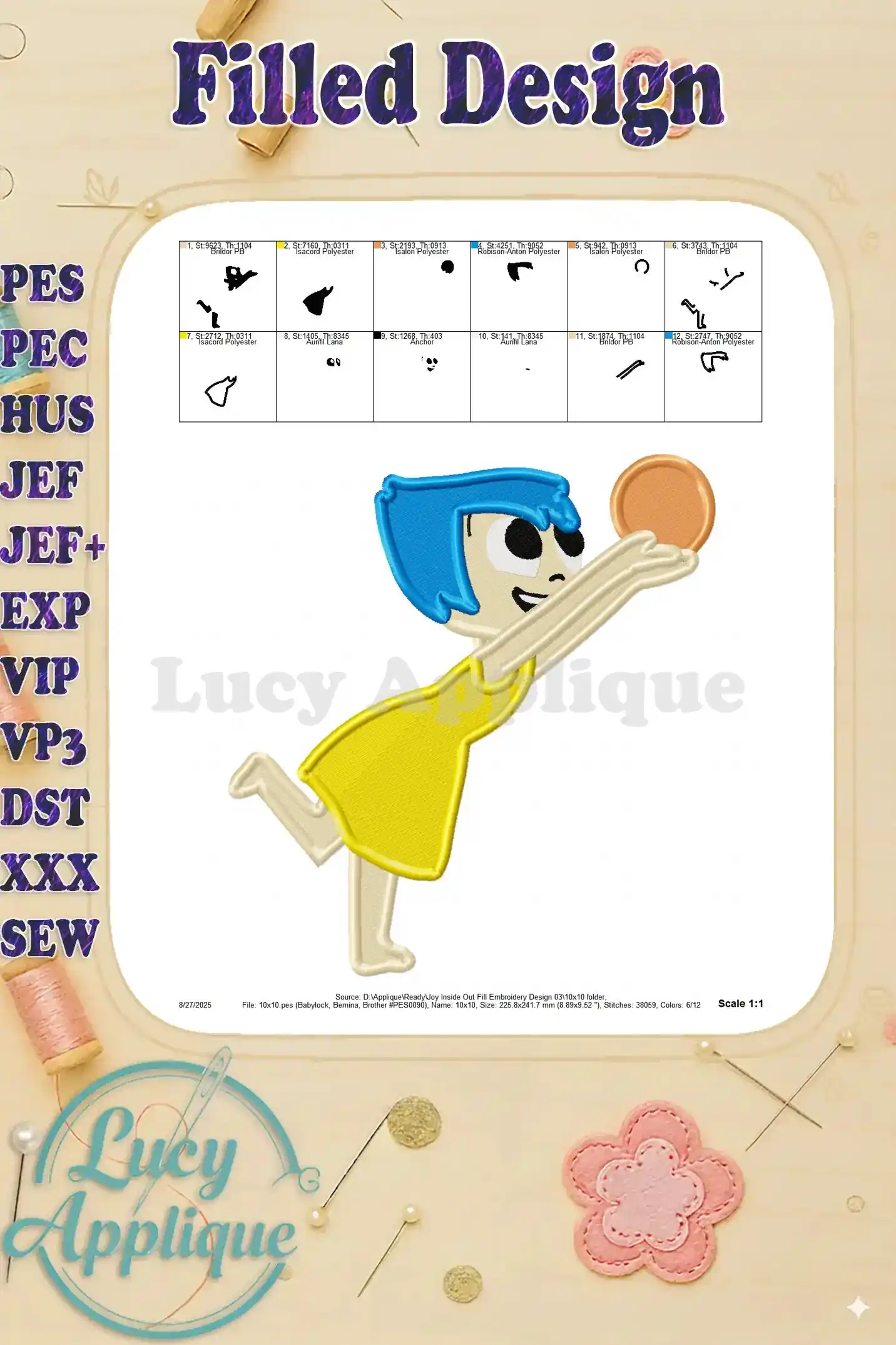 A comprehensive color chart and design preview for the Joy Inside Out Fill Embroidery design, showing thread colors, stitch details, and scale. Includes a scale of 1:1.