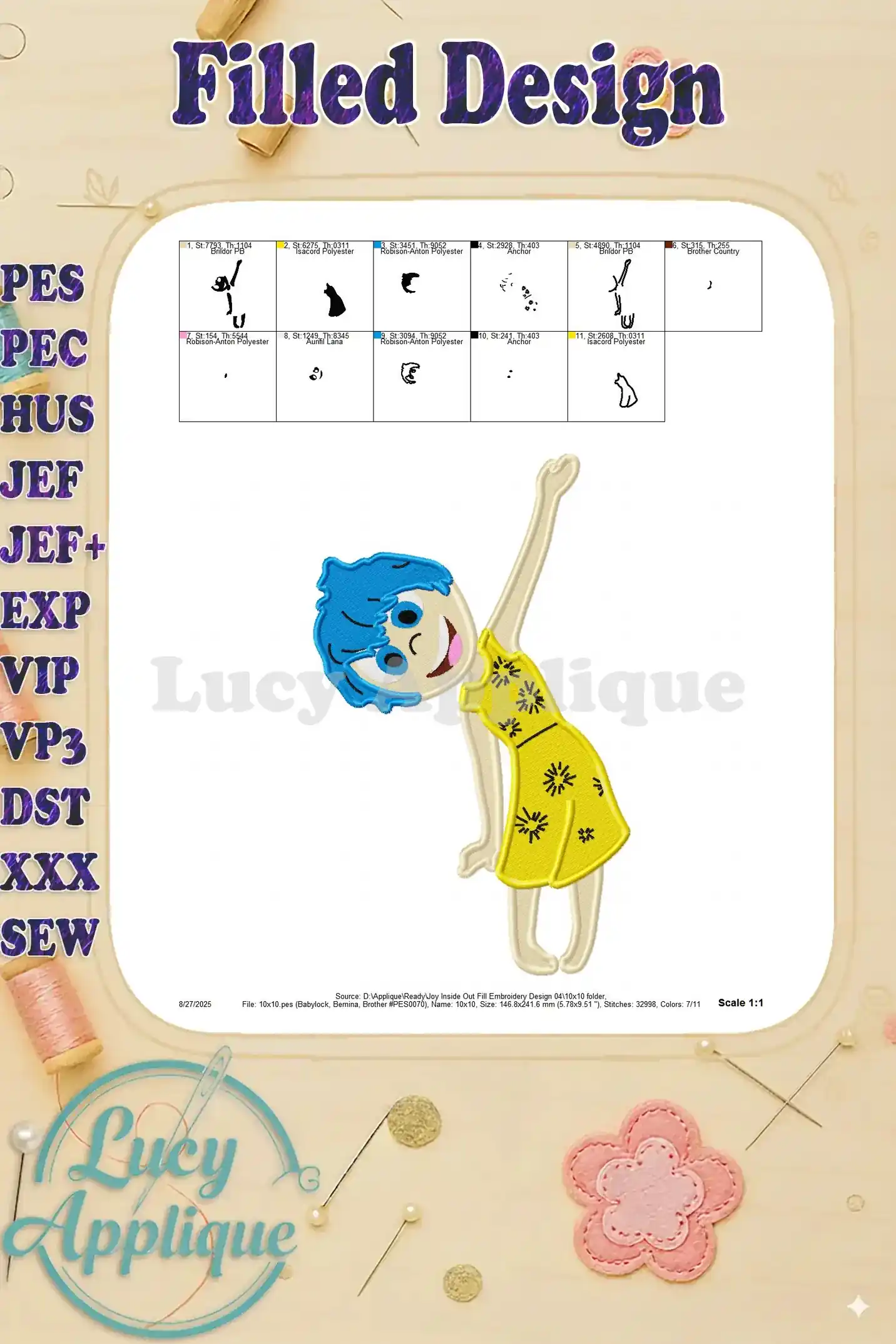 Detailed scale chart for the Joy Inside Out filled embroidery design, providing dimensions and thread color codes for accurate stitching.