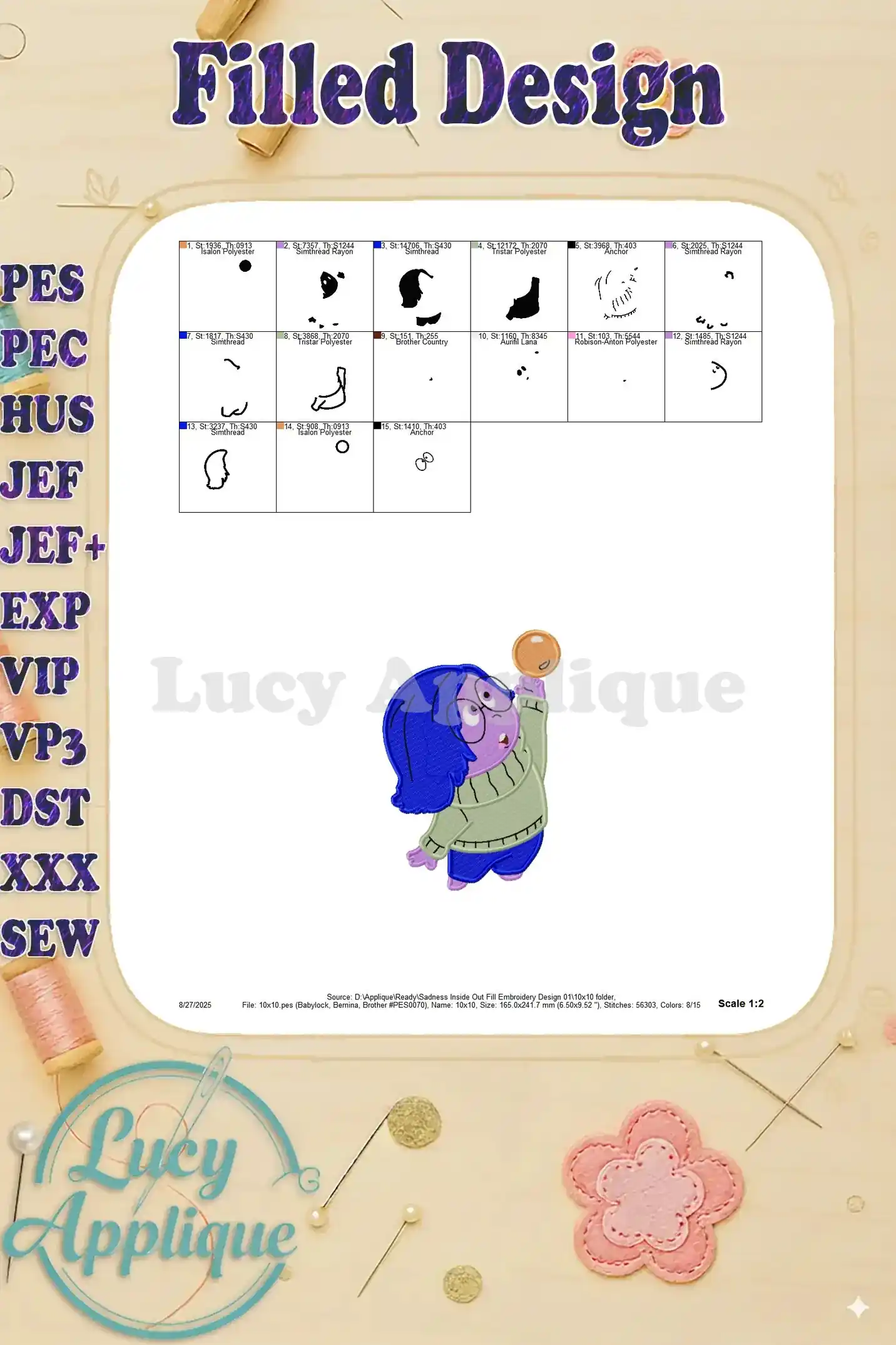 Close-up of the Sadness embroidery design showcasing the stitch details and color accuracy. Scale is 1:2.